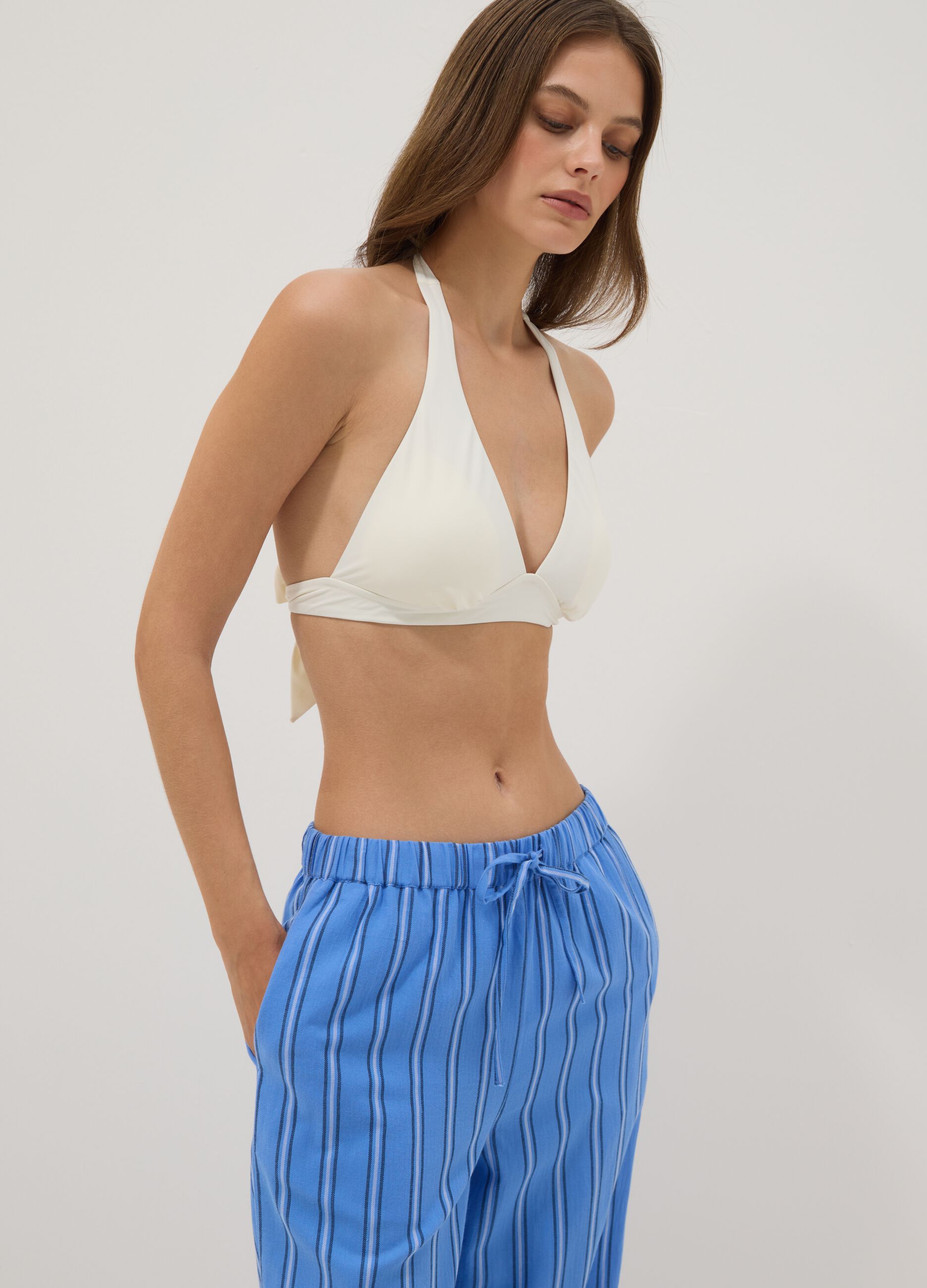 Blue pure cotton striped beach cover-up trousers