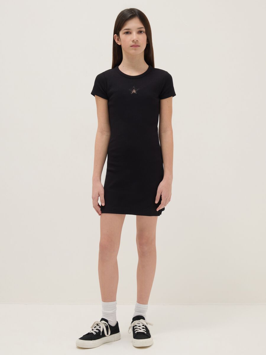 Abito fitted in cotone elasticizzato nero da ragazza con stella_0