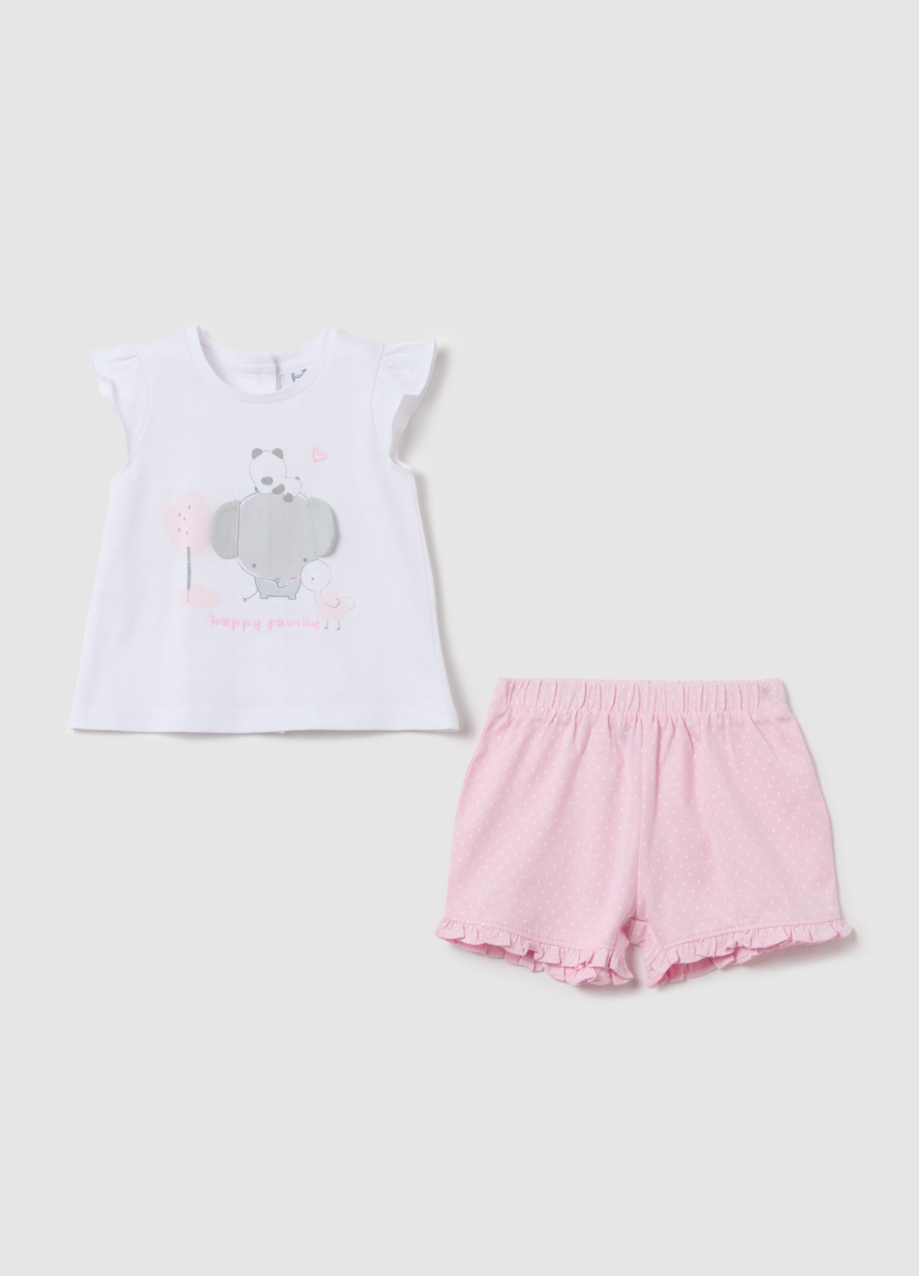 Cotton set with T-shirt with "Happy Family" embroidery and shorts