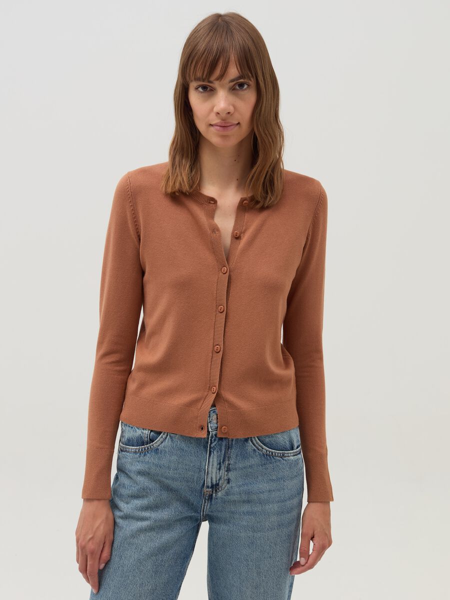 Solid colour cardigan with round neck_0