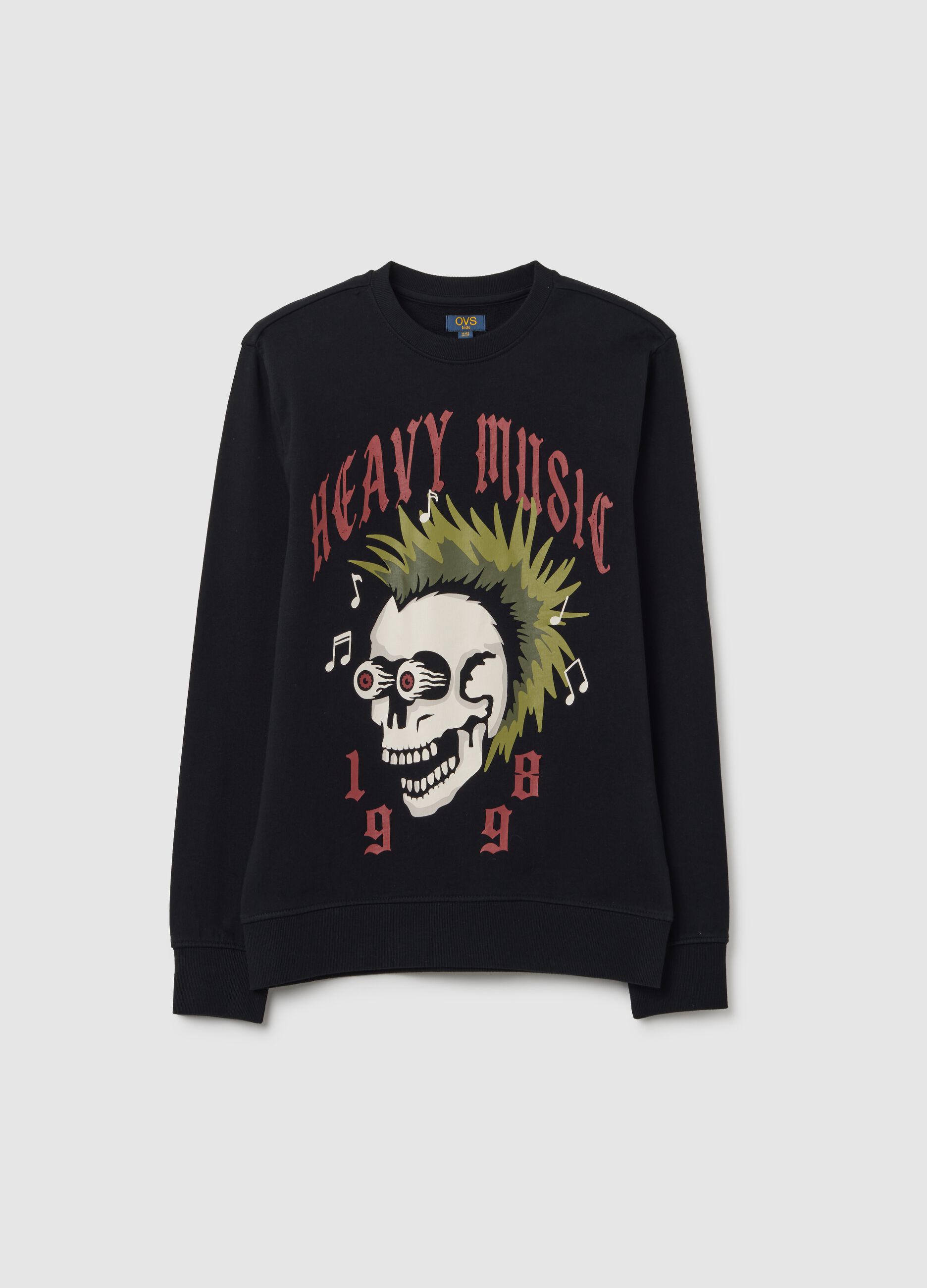Black cotton sweatshirt with musical print
