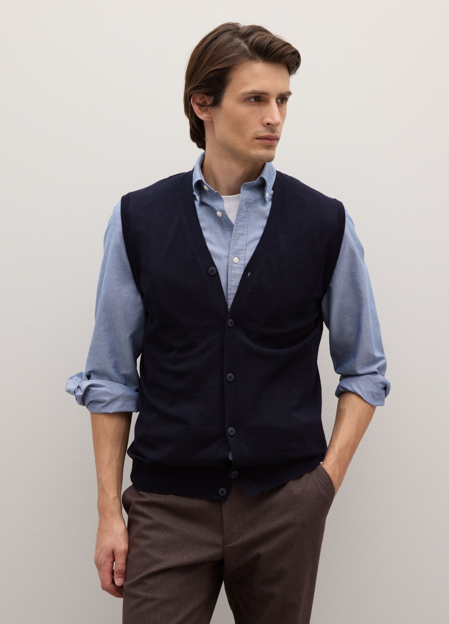 Blue Merino Wool Waistcoat Regular Fit