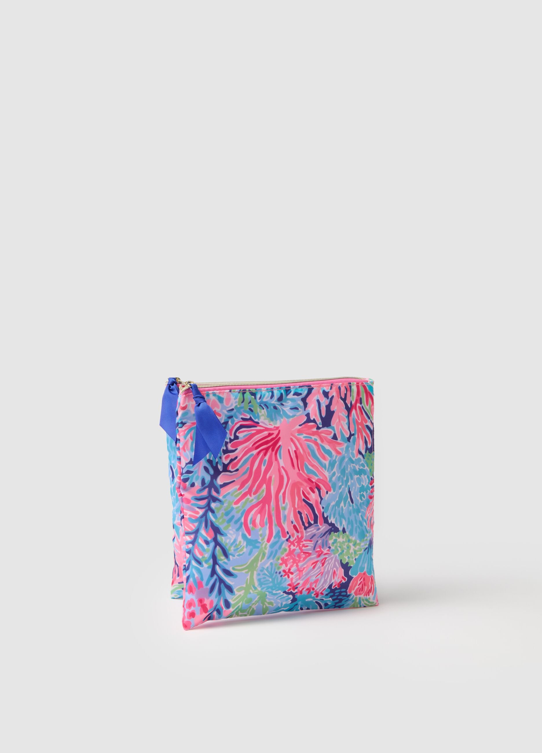 Women's clutch bag with print and blue bow