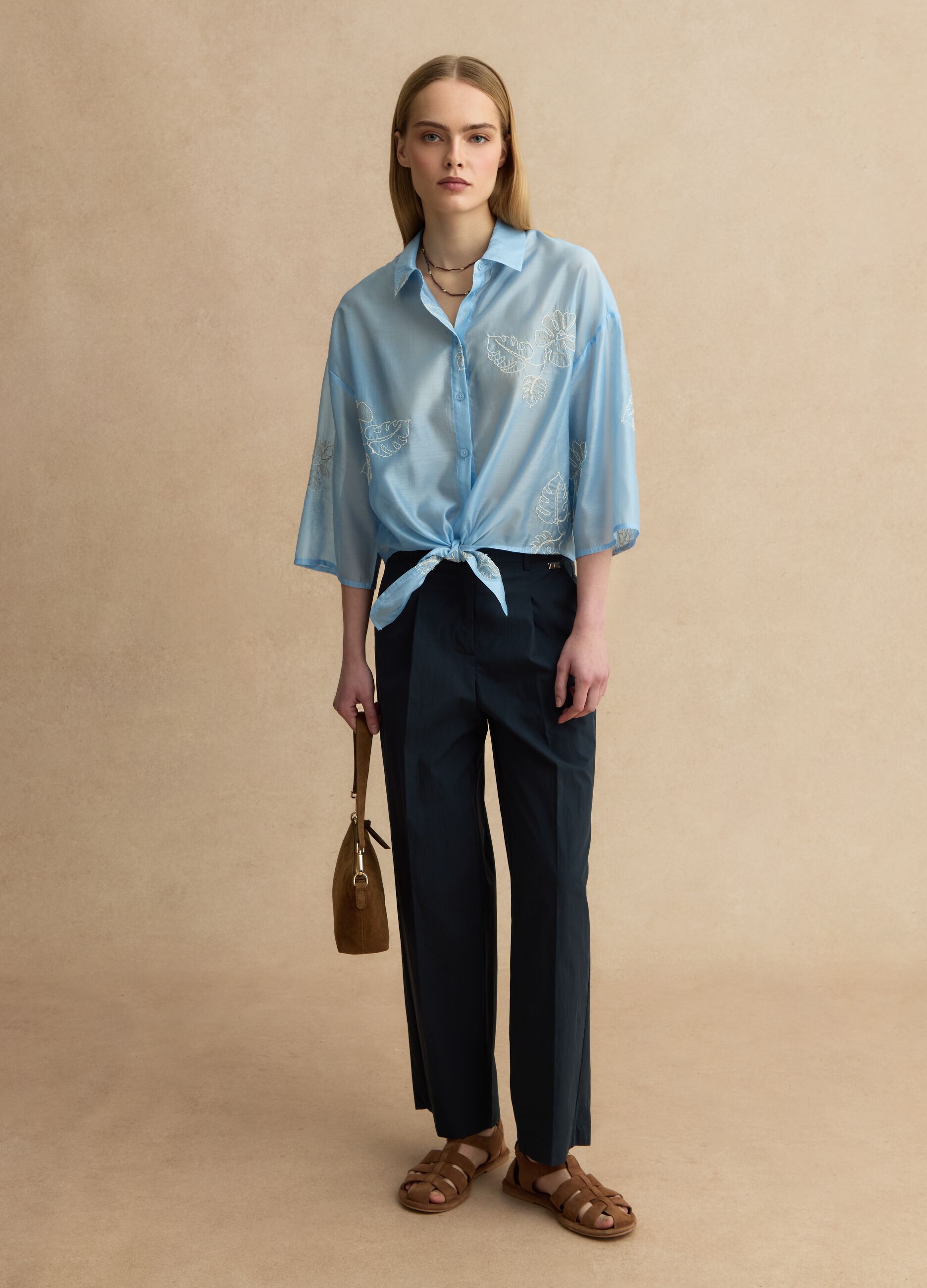 Blue cotton blend straight fit trousers