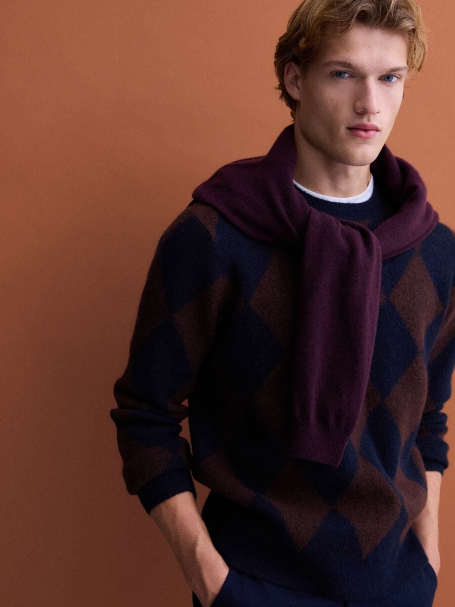 Maglia blu e marrone in lana elasticizzata con fantasia jacquard regular fit_0
