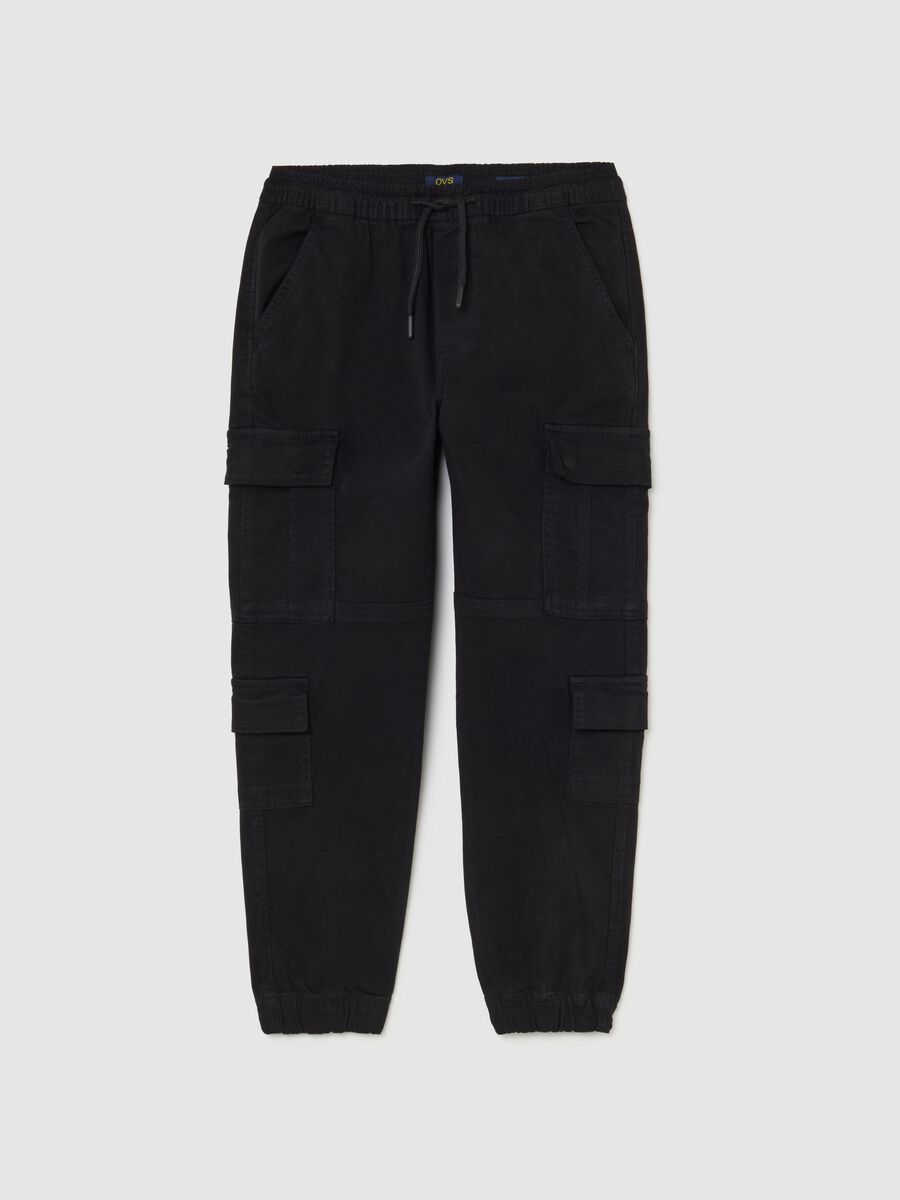 Black stretch cotton cargo trousers for boys_3