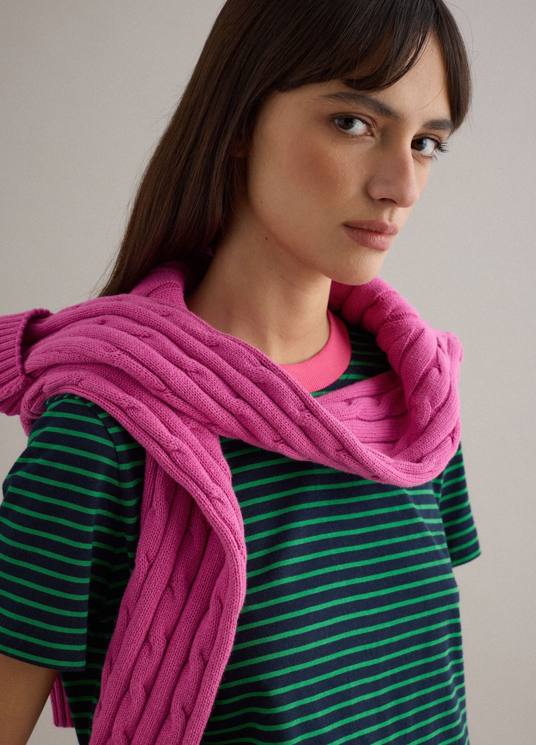 Green striped pure cotton regular fit T-shirt