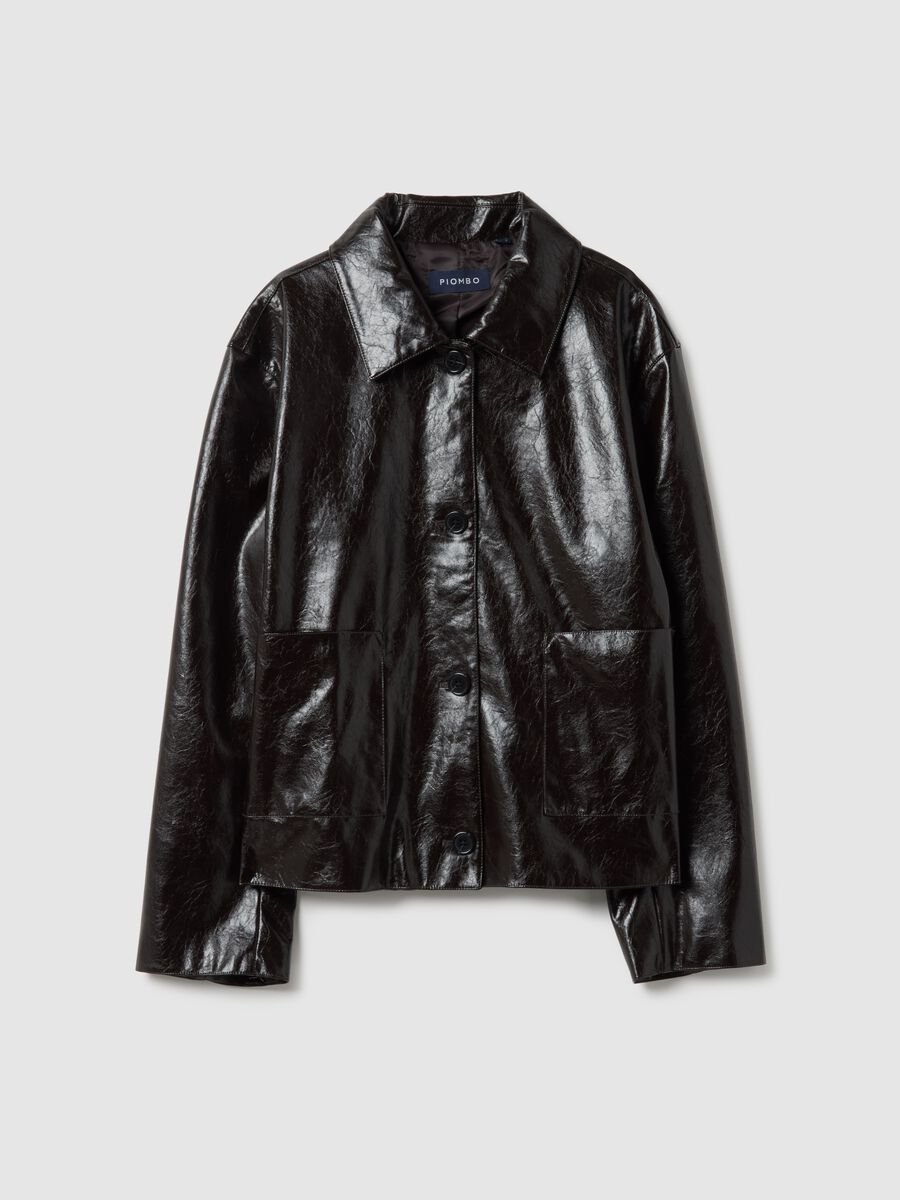 Shiny black regular fit jacket with collar and buttons_4