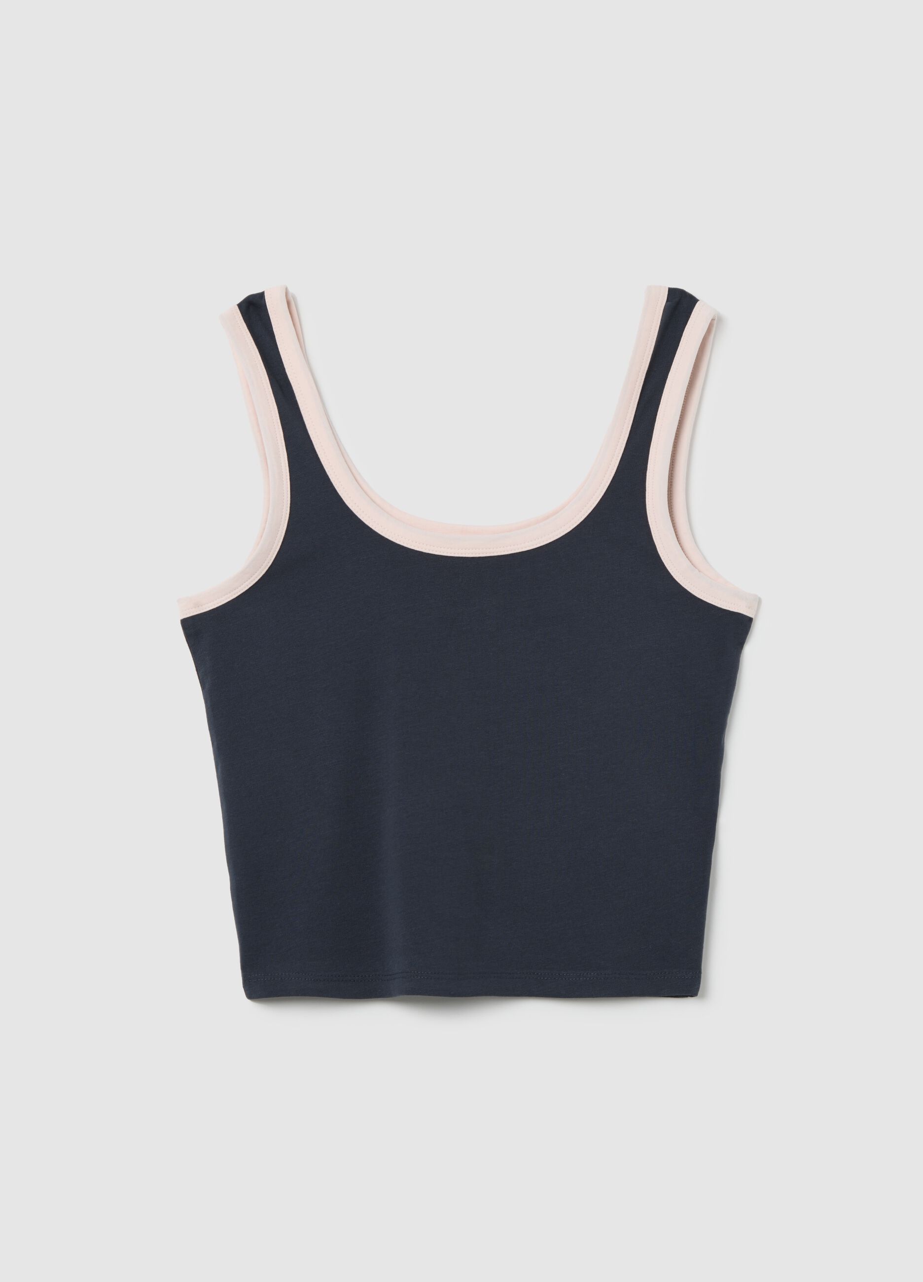 Navy blue tank top with pink trim in stretch cotton
