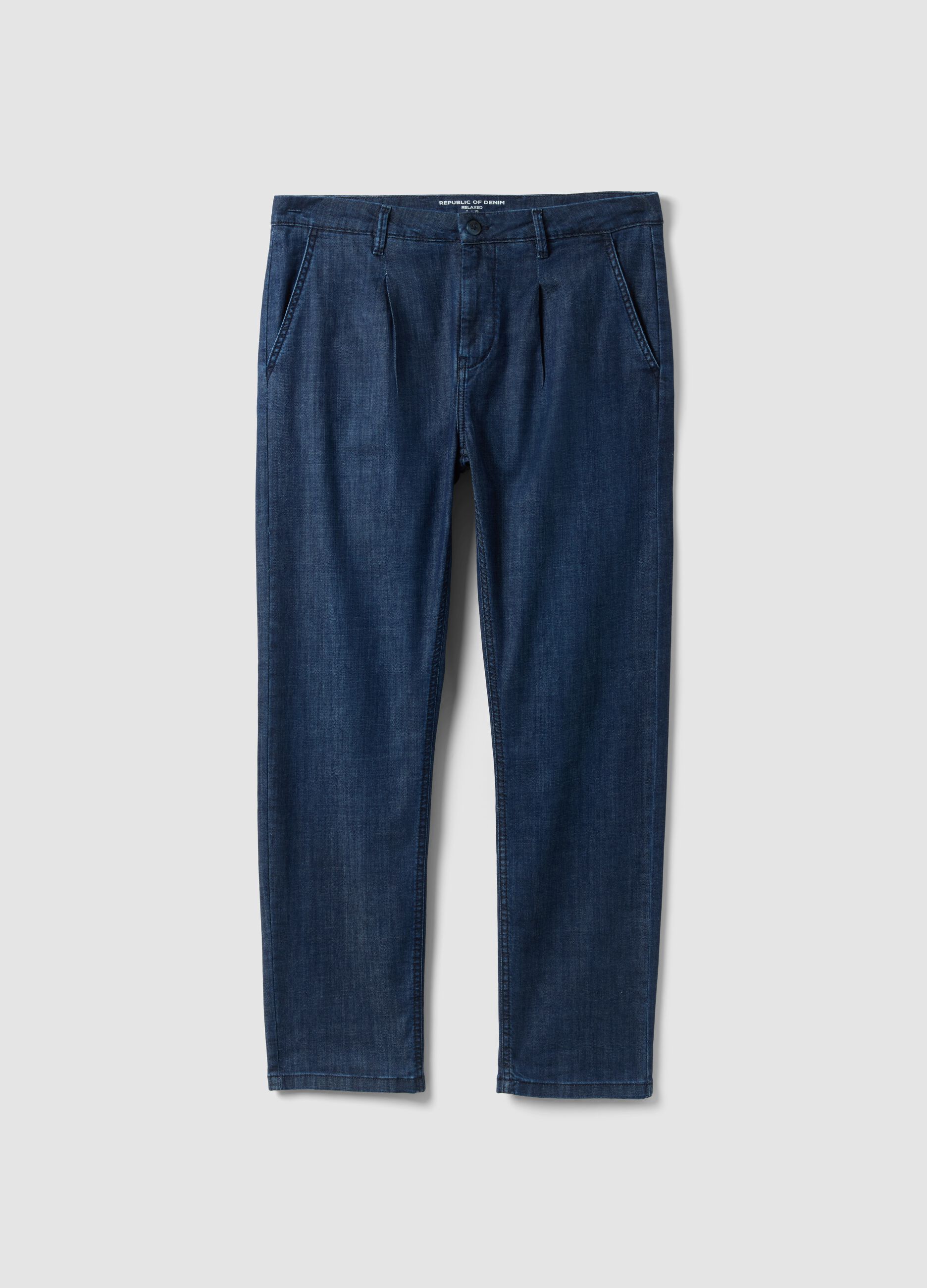 Blue denim chino trousers in stretch cotton, comfort fit