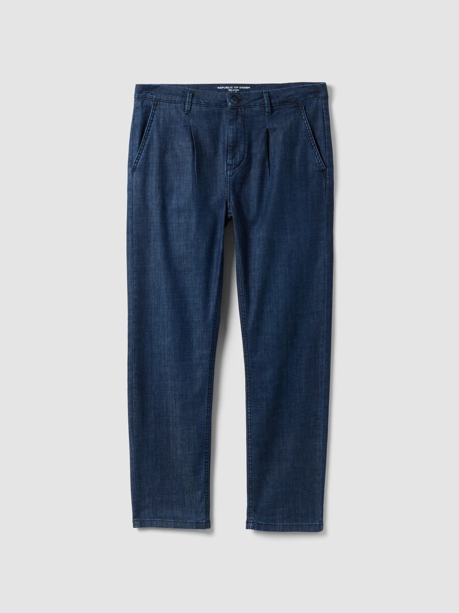Blue denim chino trousers in stretch cotton, comfort fit_4
