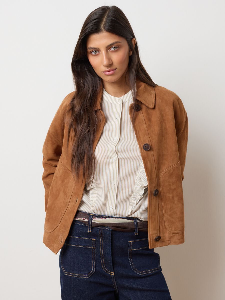 Genuine leather jacket with buttons and large pockets_1