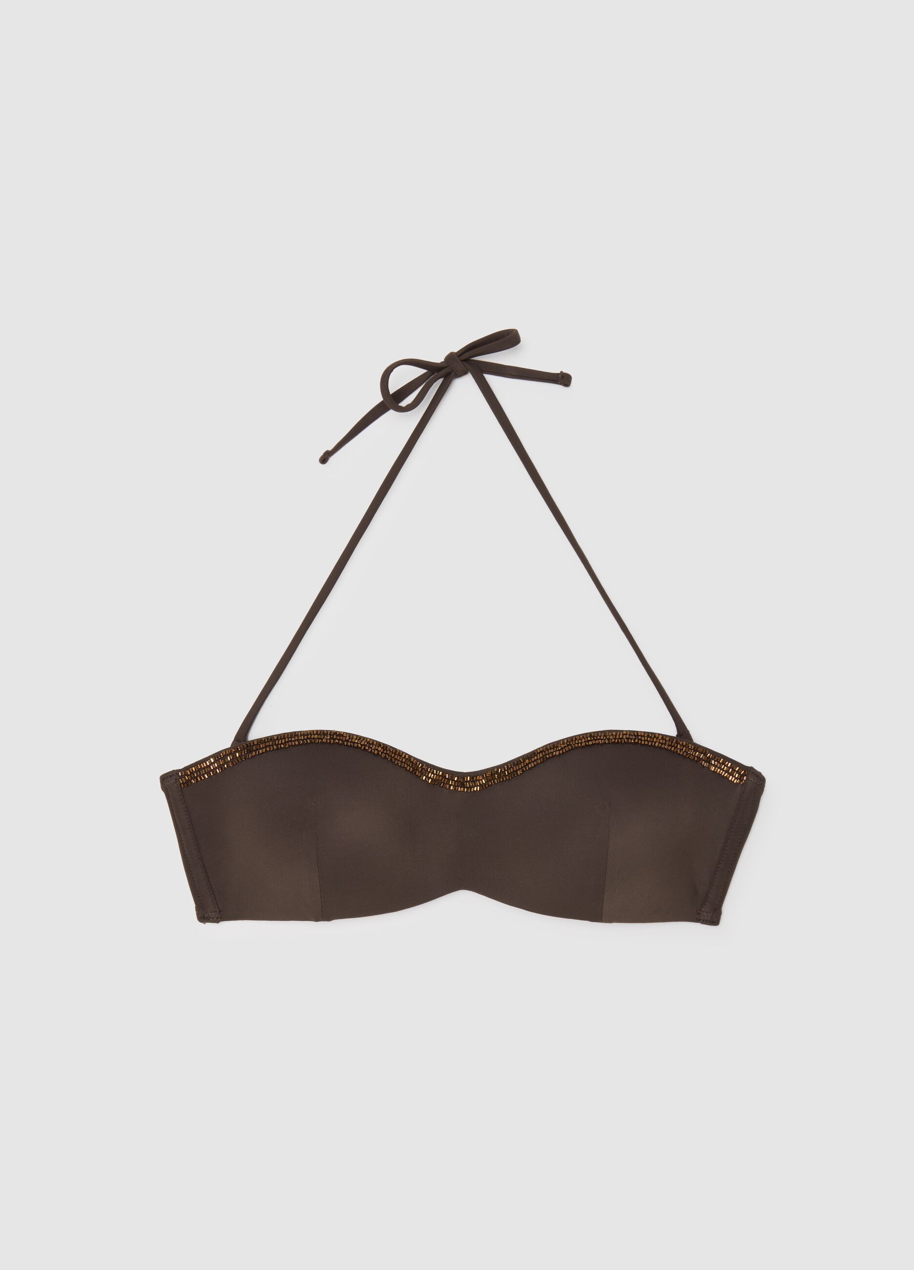 Top bikini a fascia da donna in tessuto elasticizzato marrone