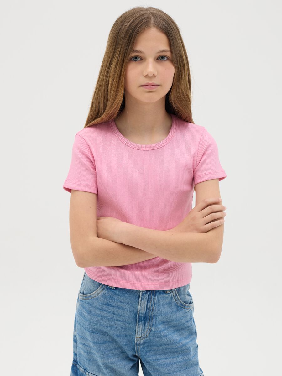 T-shirt da ragazza in cotone elasticizzato rosa fitted_0