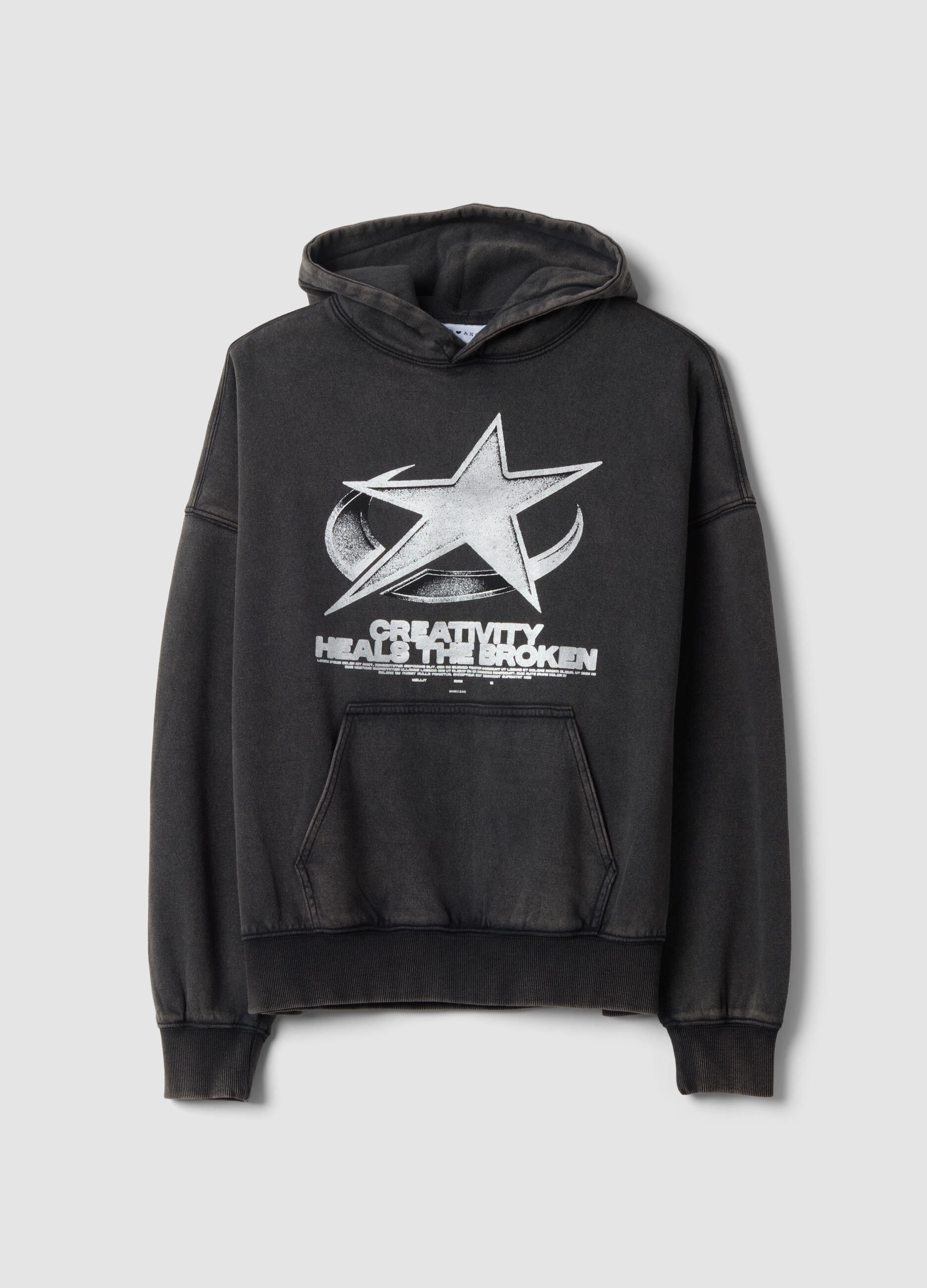 Black cotton-blend hooded sweatshirt with crew neck