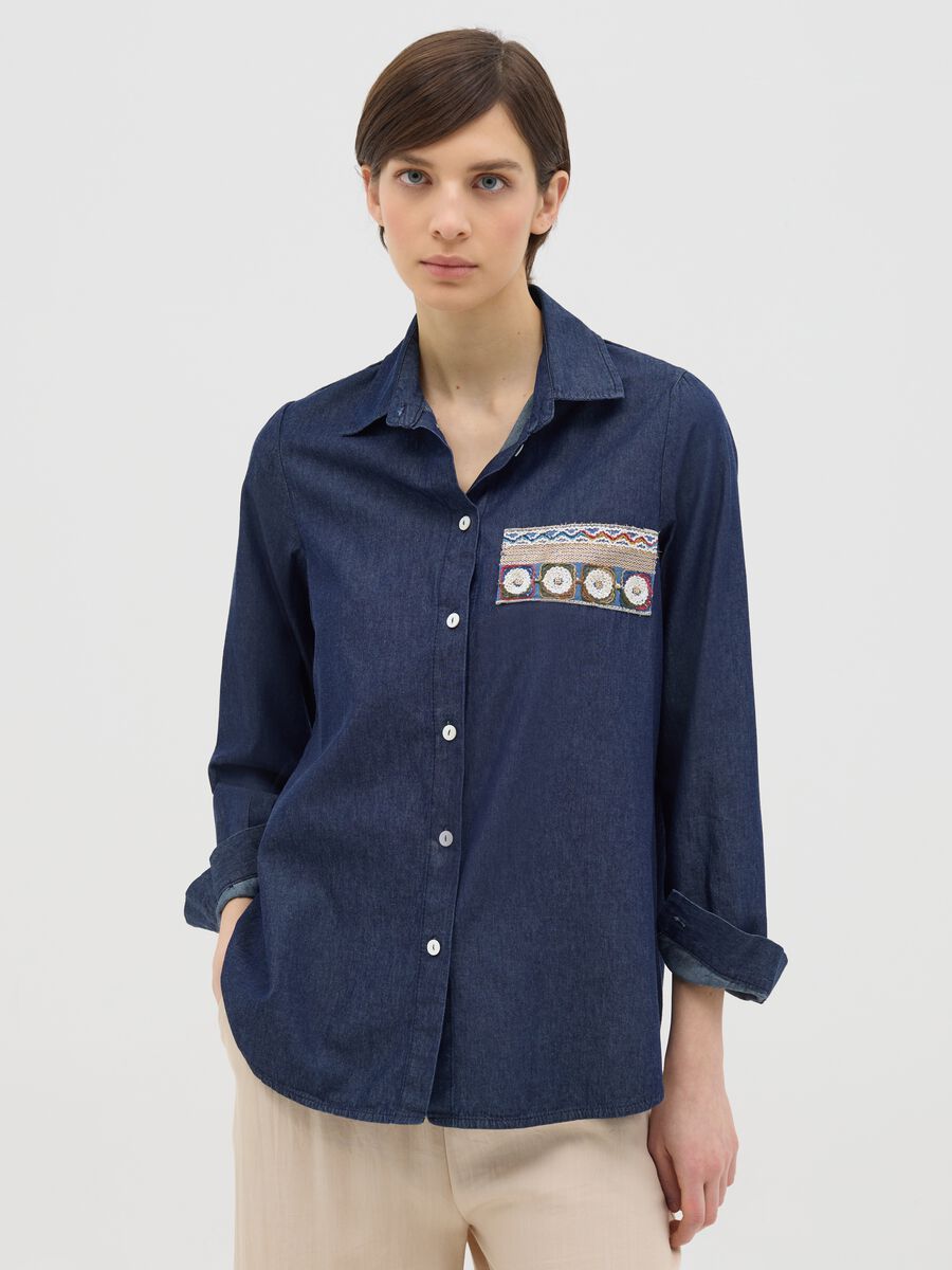 Denim shirt with sequinned patch_0