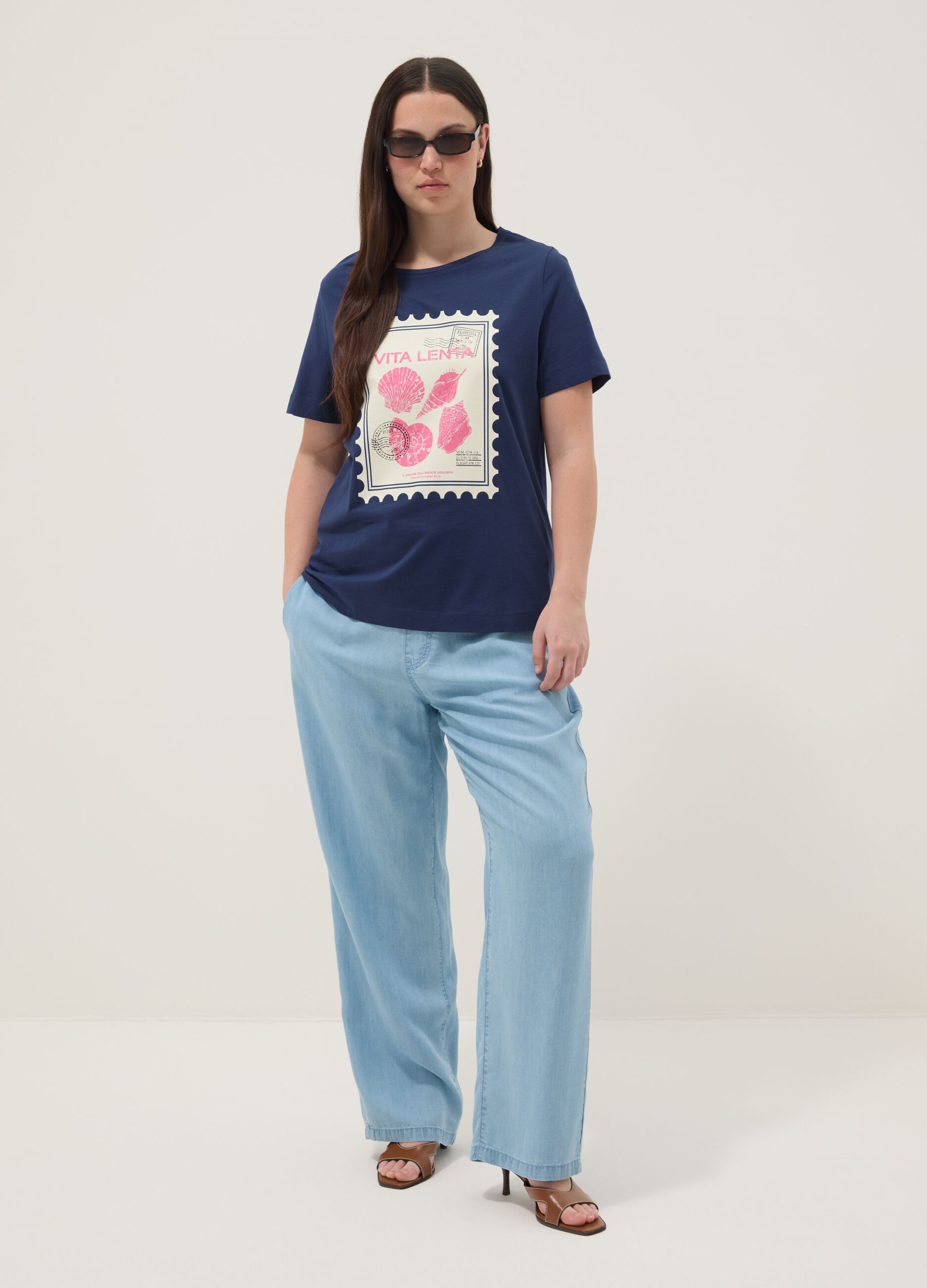 Blue pure cotton T-shirt with print, regular fit