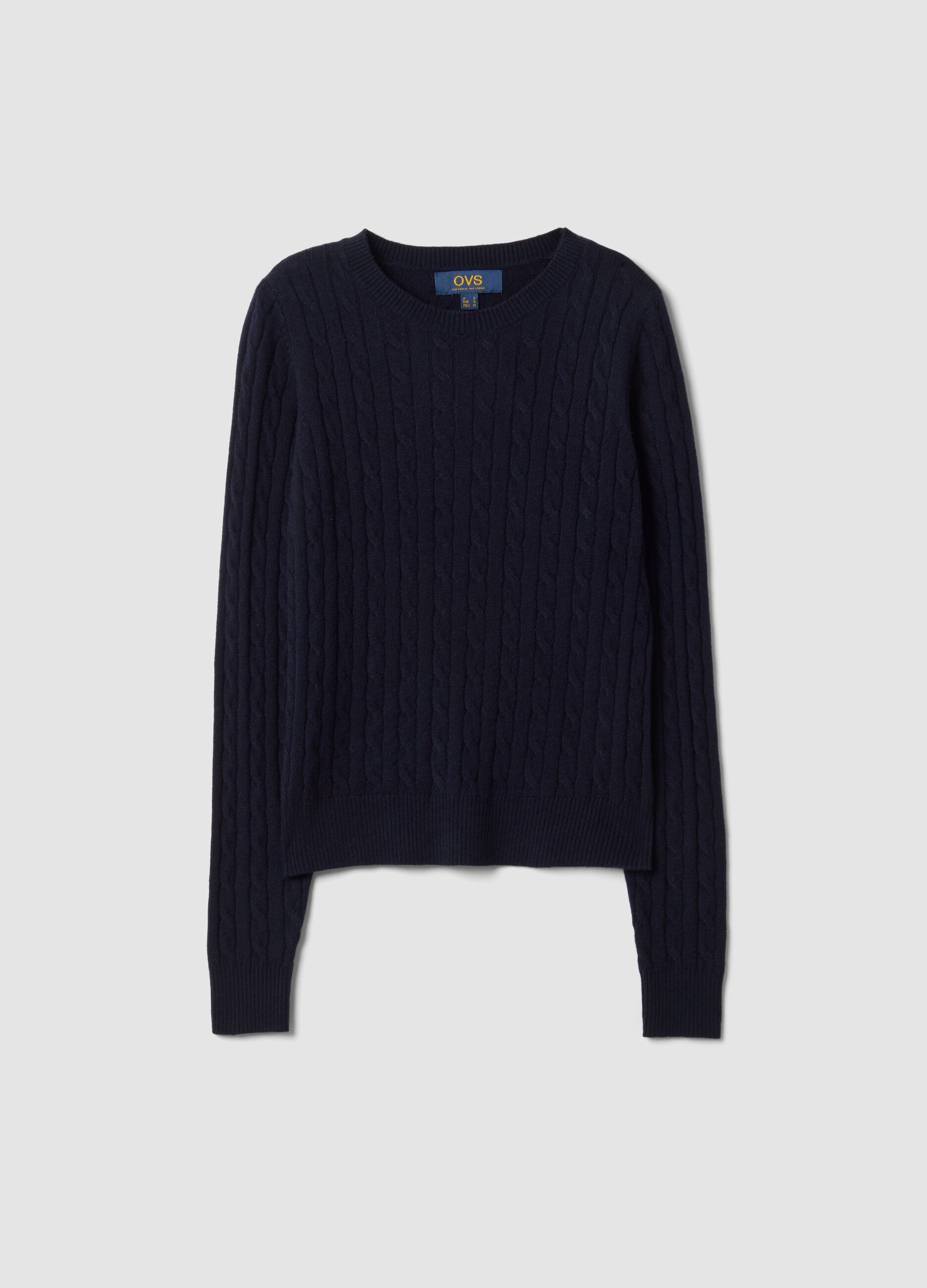 Navy cable-knit crew-neck jumper, regular fit