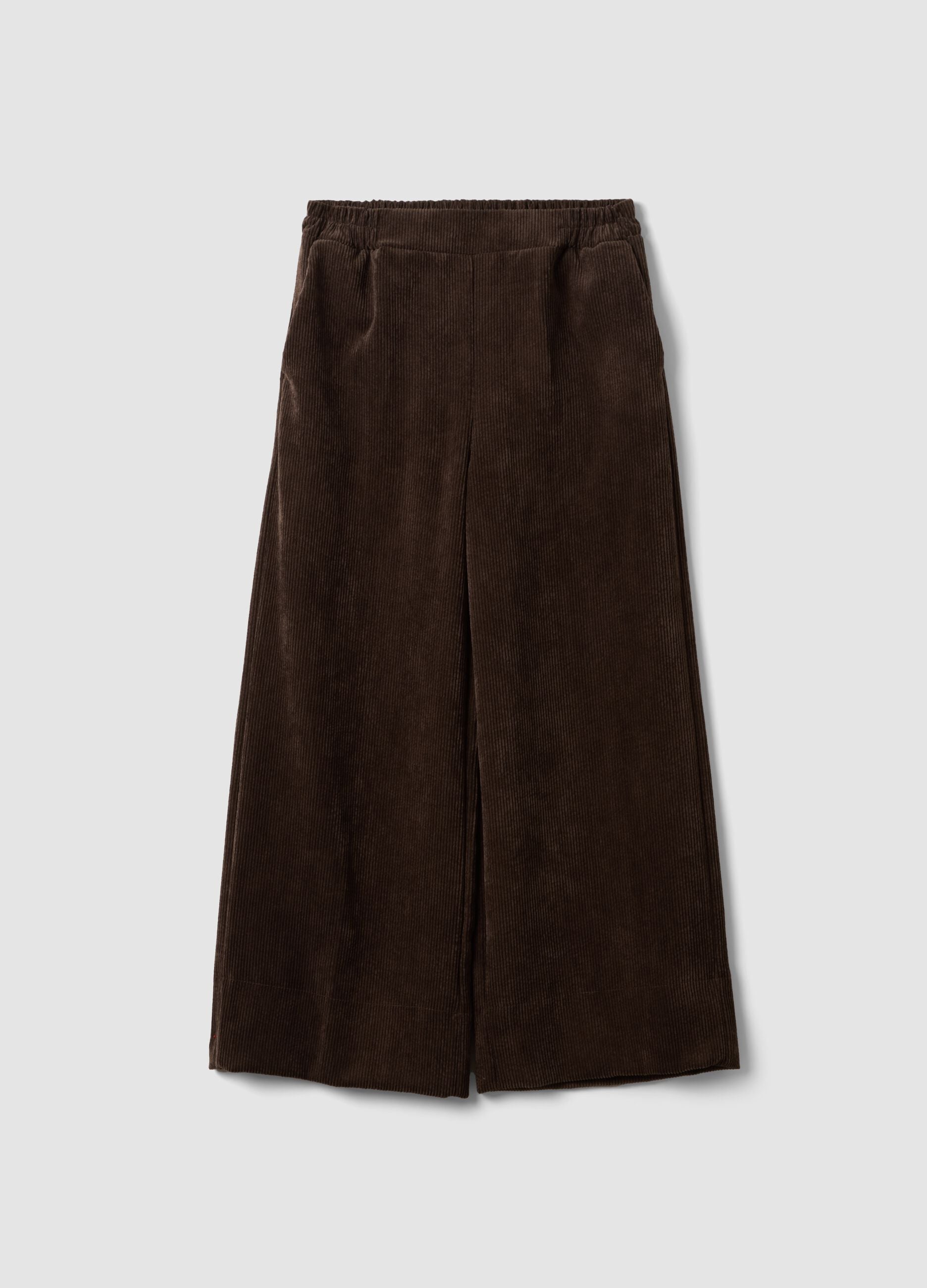 Brown wide-leg ribbed stretch viscose-blend trousers, regular fit