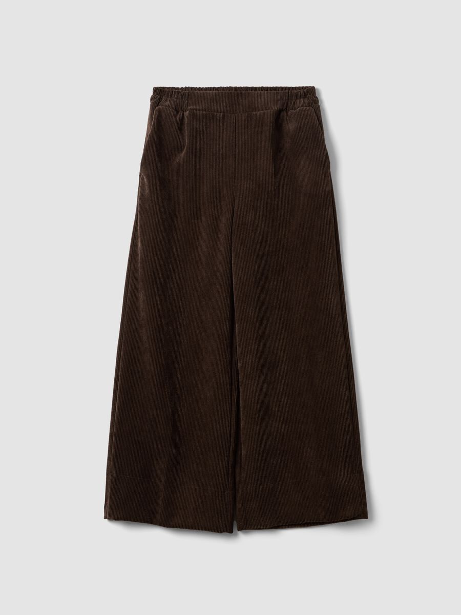 Pantaloni marroni ampi in misto viscosa elasticizzata regular fit a coste_0