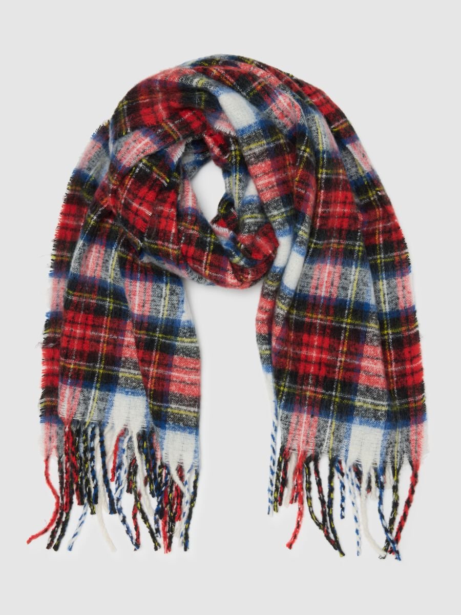 Multi-colour checked scarf with fringes_0