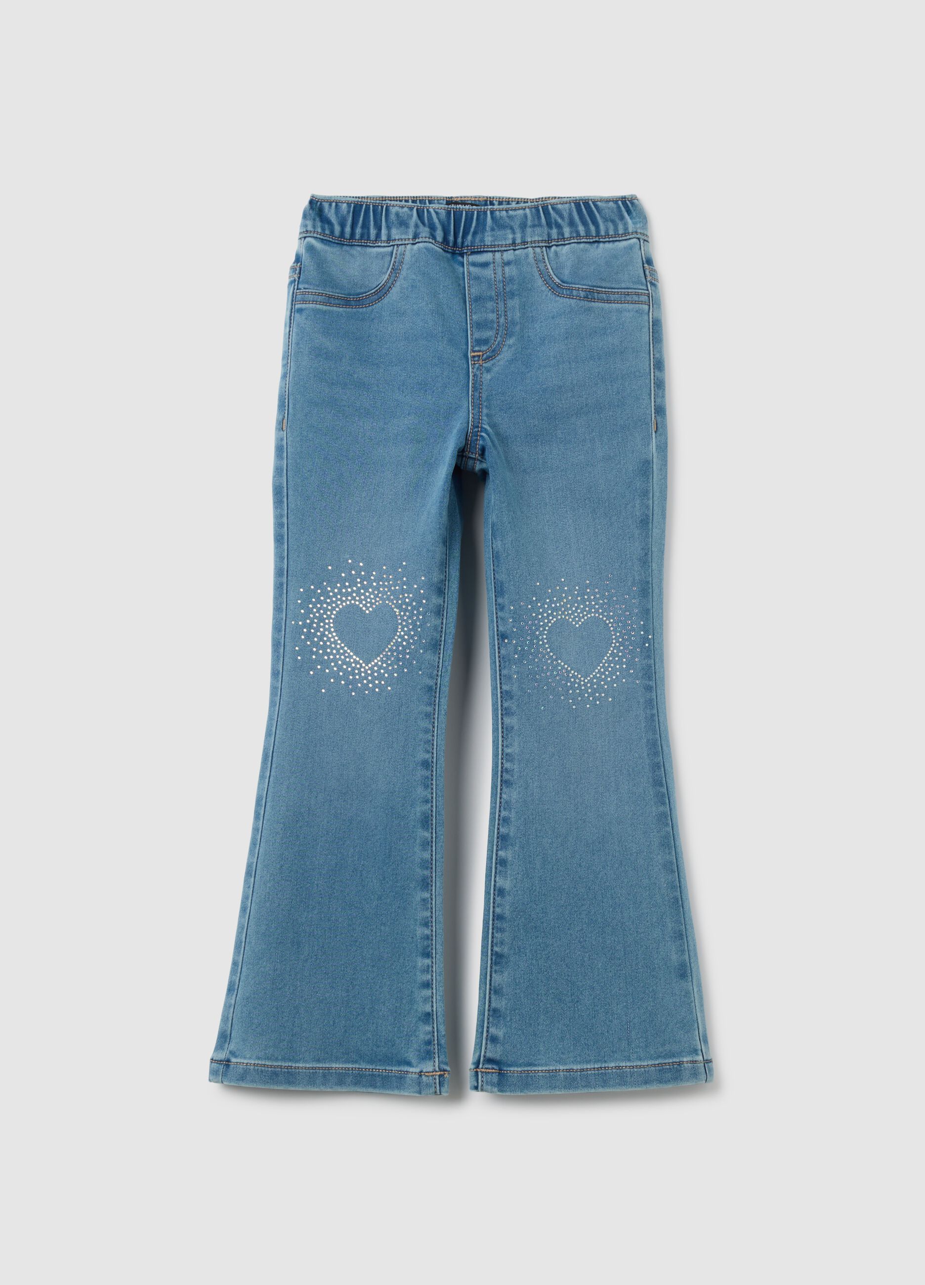 Girls' blue denim flare jeans with rhinestone hearts