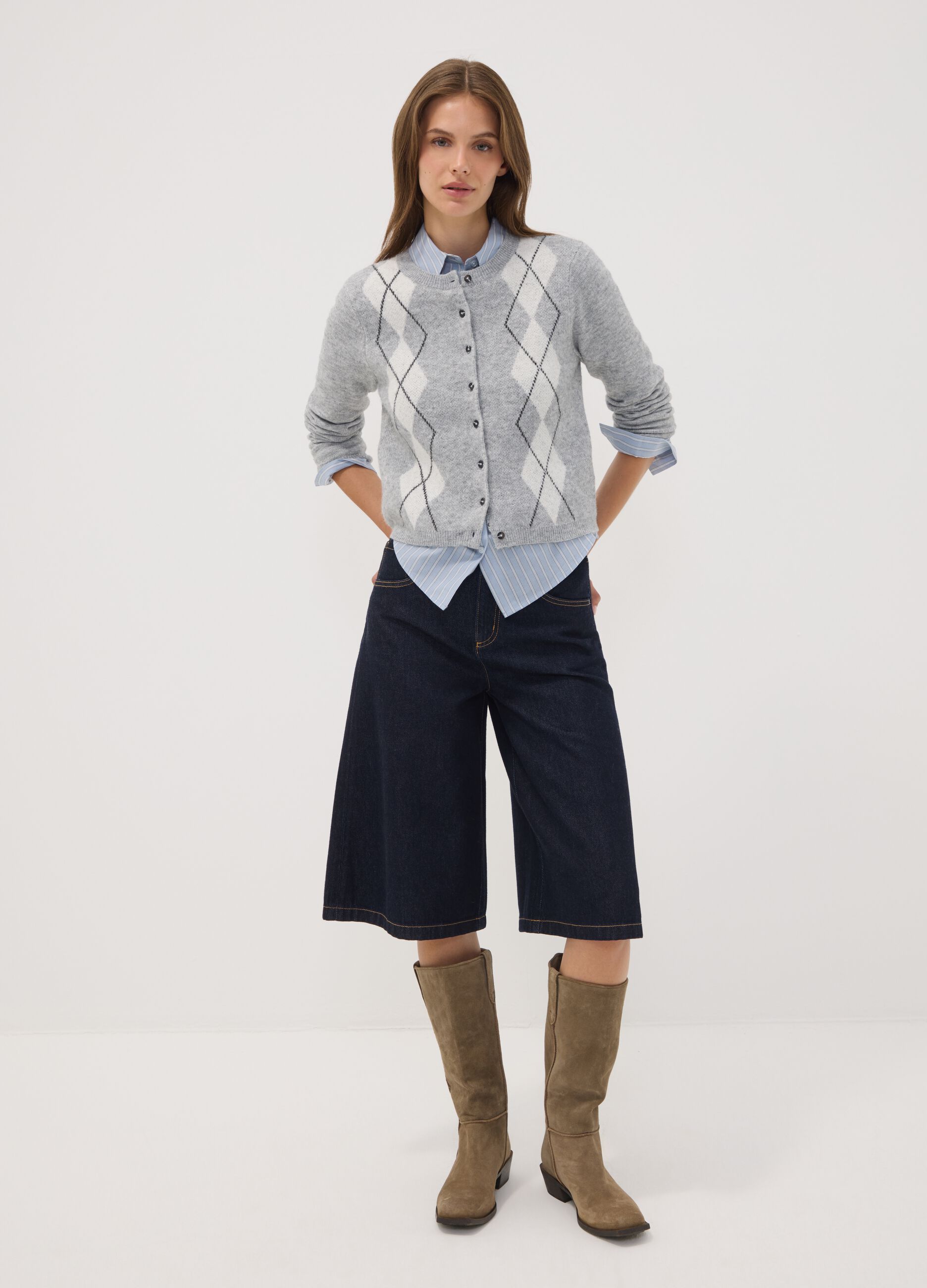 Grey jacquard stretch wool crew-neck cardigan, regular fit