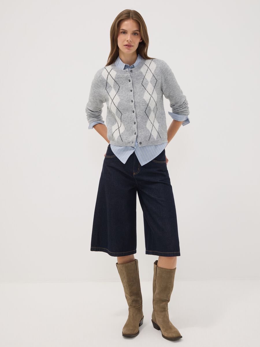 Cardigan grigio in lana elasticizzata jacquard girocollo regular fit_2
