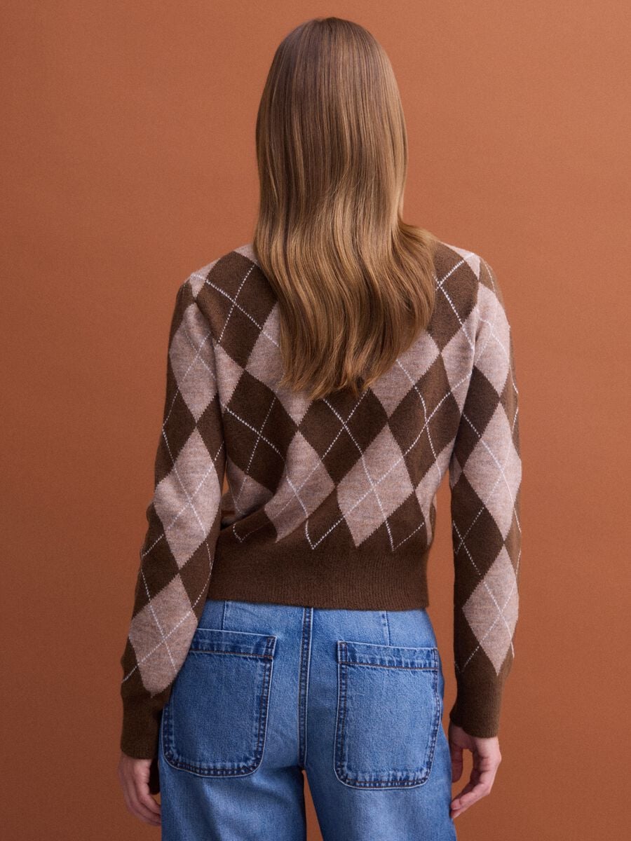 Brown diamond-pattern stretch wool crew-neck jumper_3