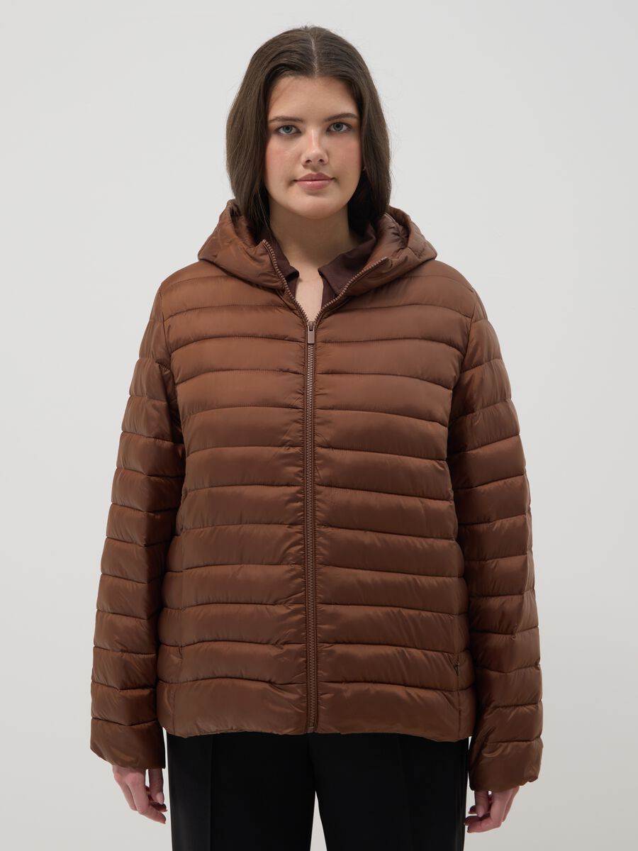 Brown padded regular fit jacket with zip and hood_1