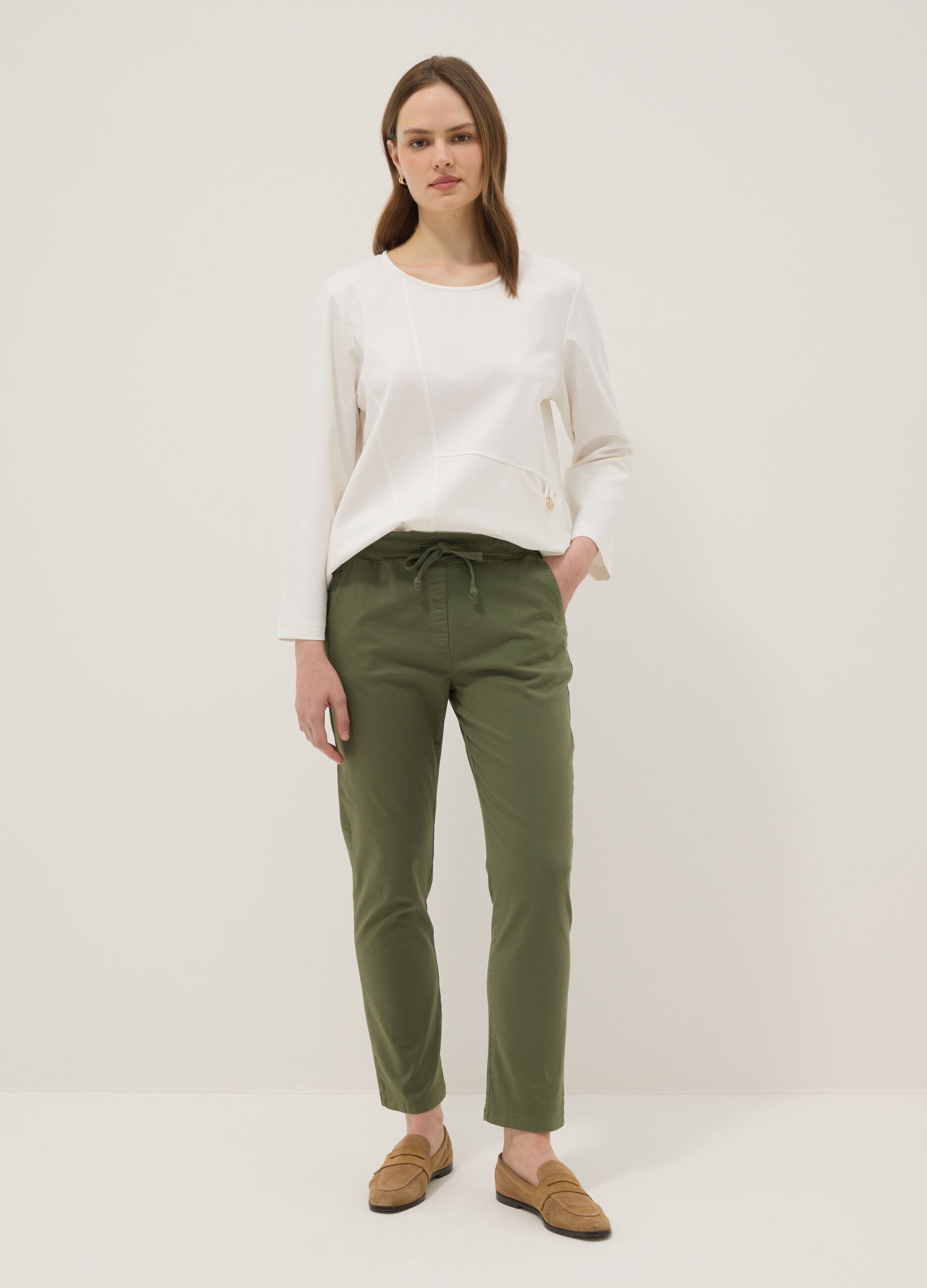 Green stretch-cotton trousers with drawstring