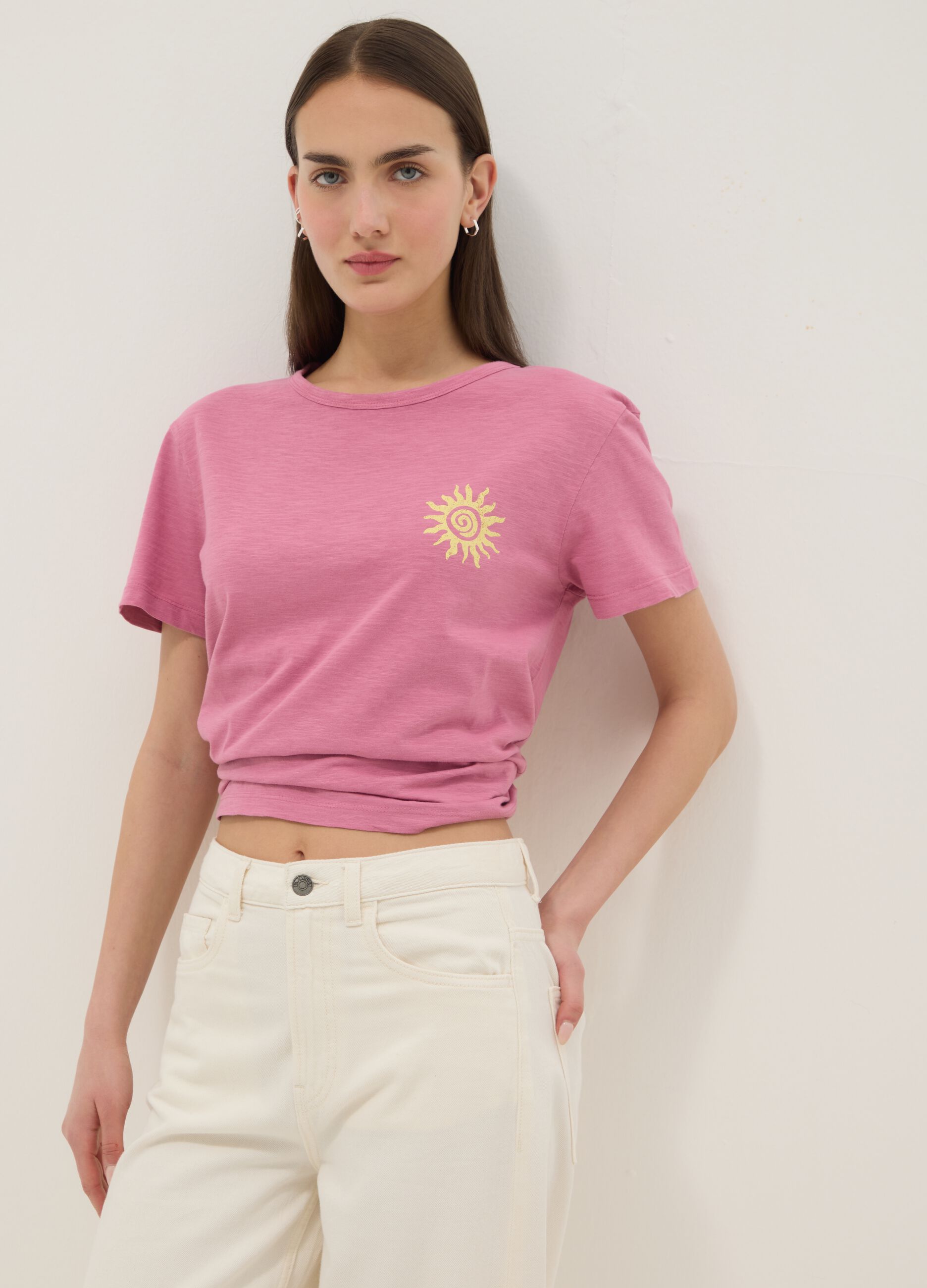 Pink pure cotton relaxed-fit T-shirt with sun print