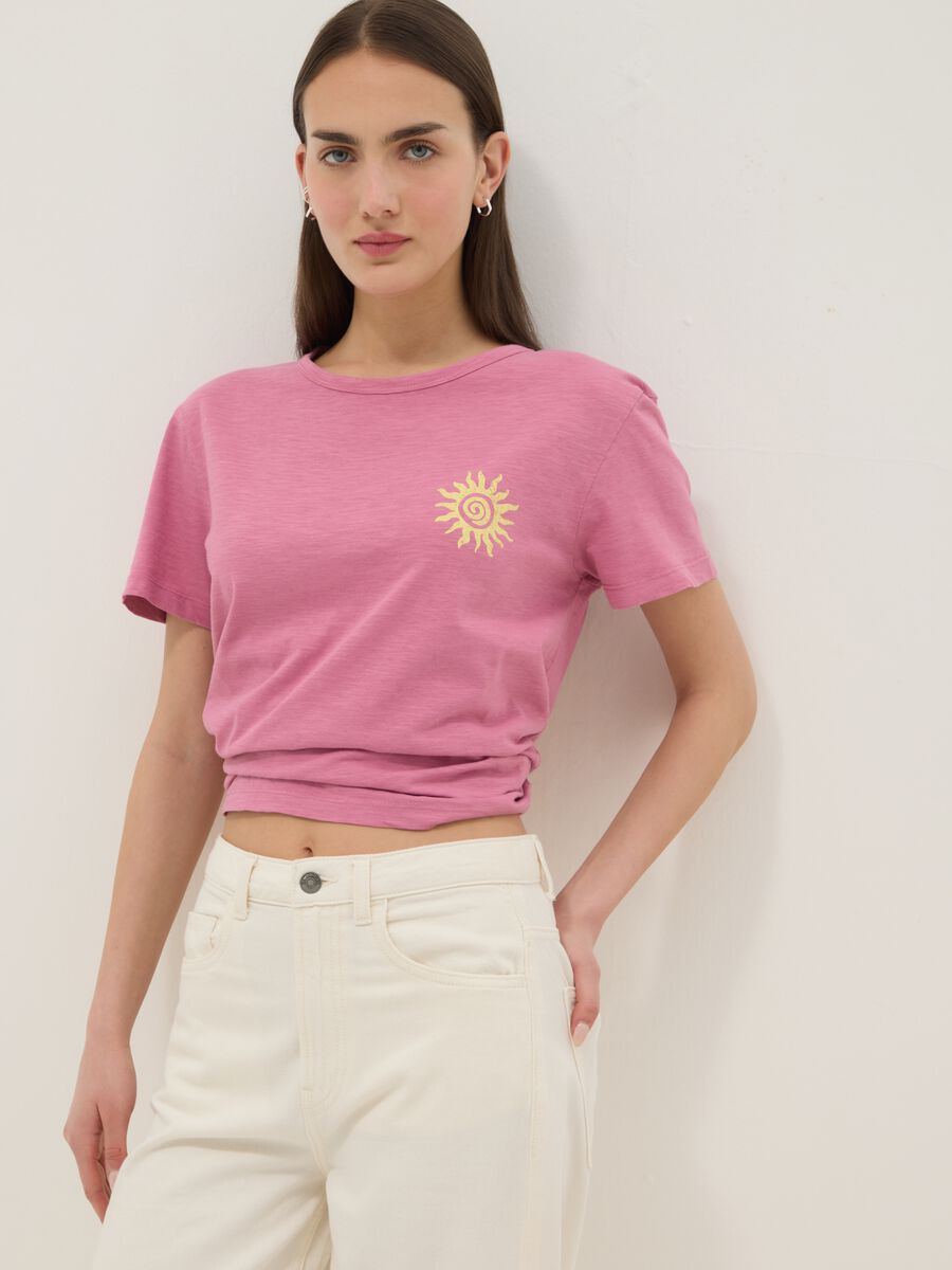 Pink pure cotton relaxed-fit T-shirt with sun print_0