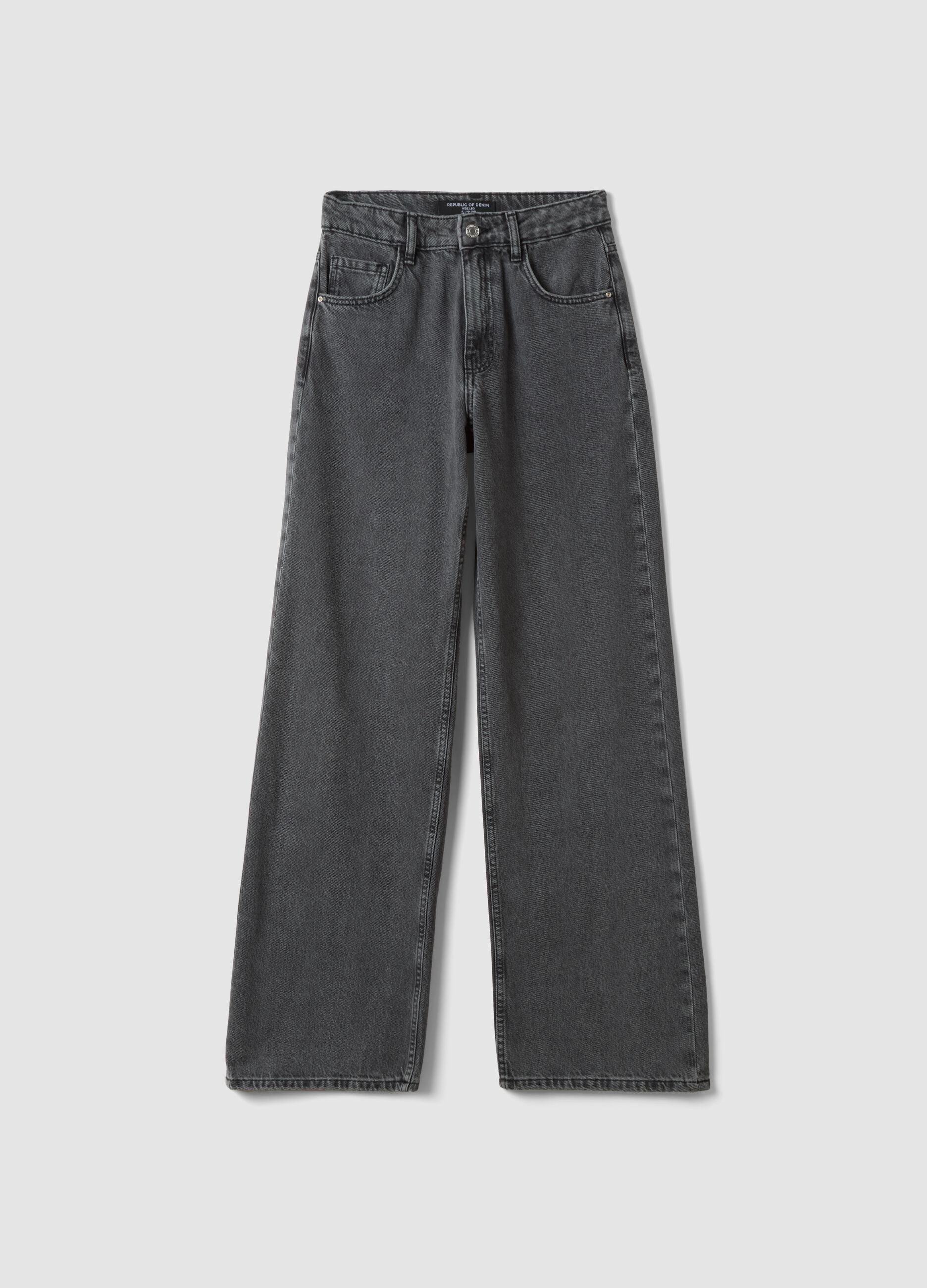 Grey pure cotton wide-leg high-waisted denim jeans