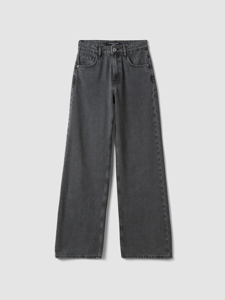 Grey pure cotton wide-leg high-waisted denim jeans_4