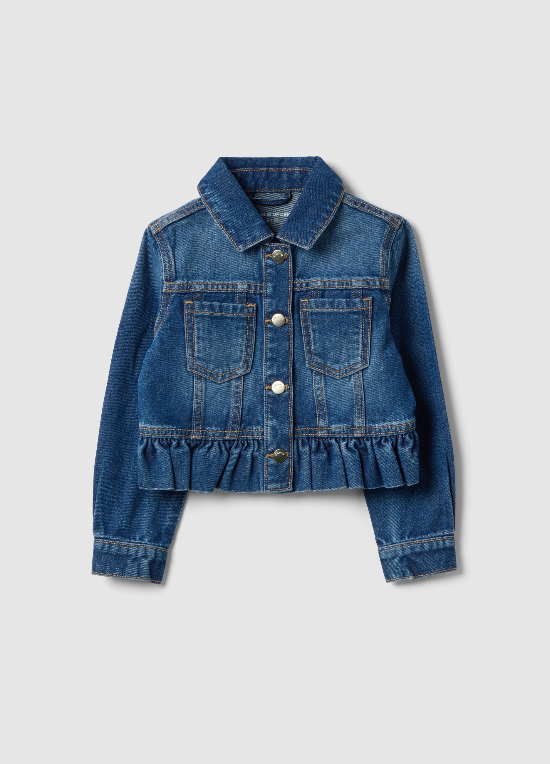 Girl's regular fit blue denim cotton jacket with pockets