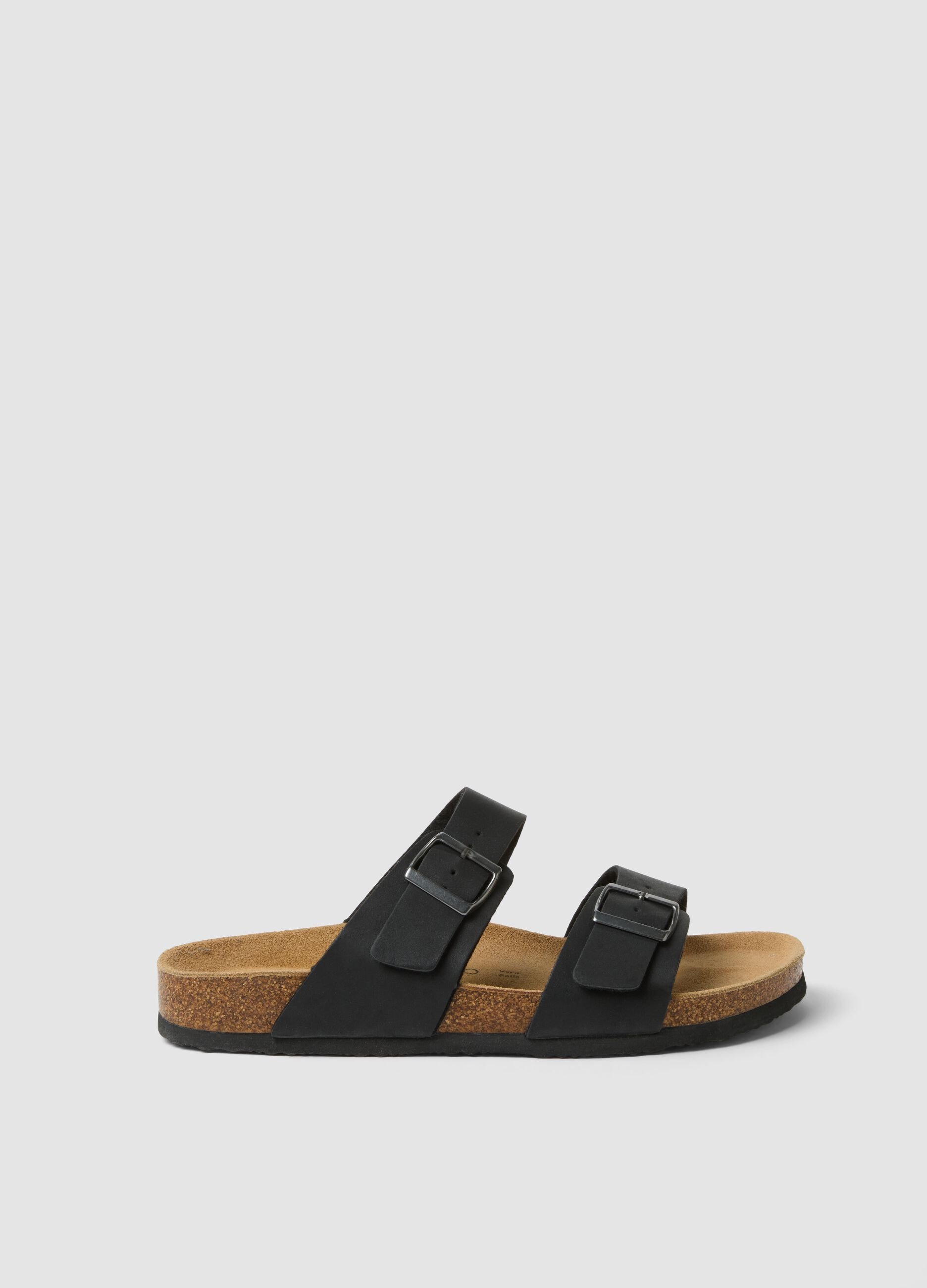 Black double-strap sliders with buckles