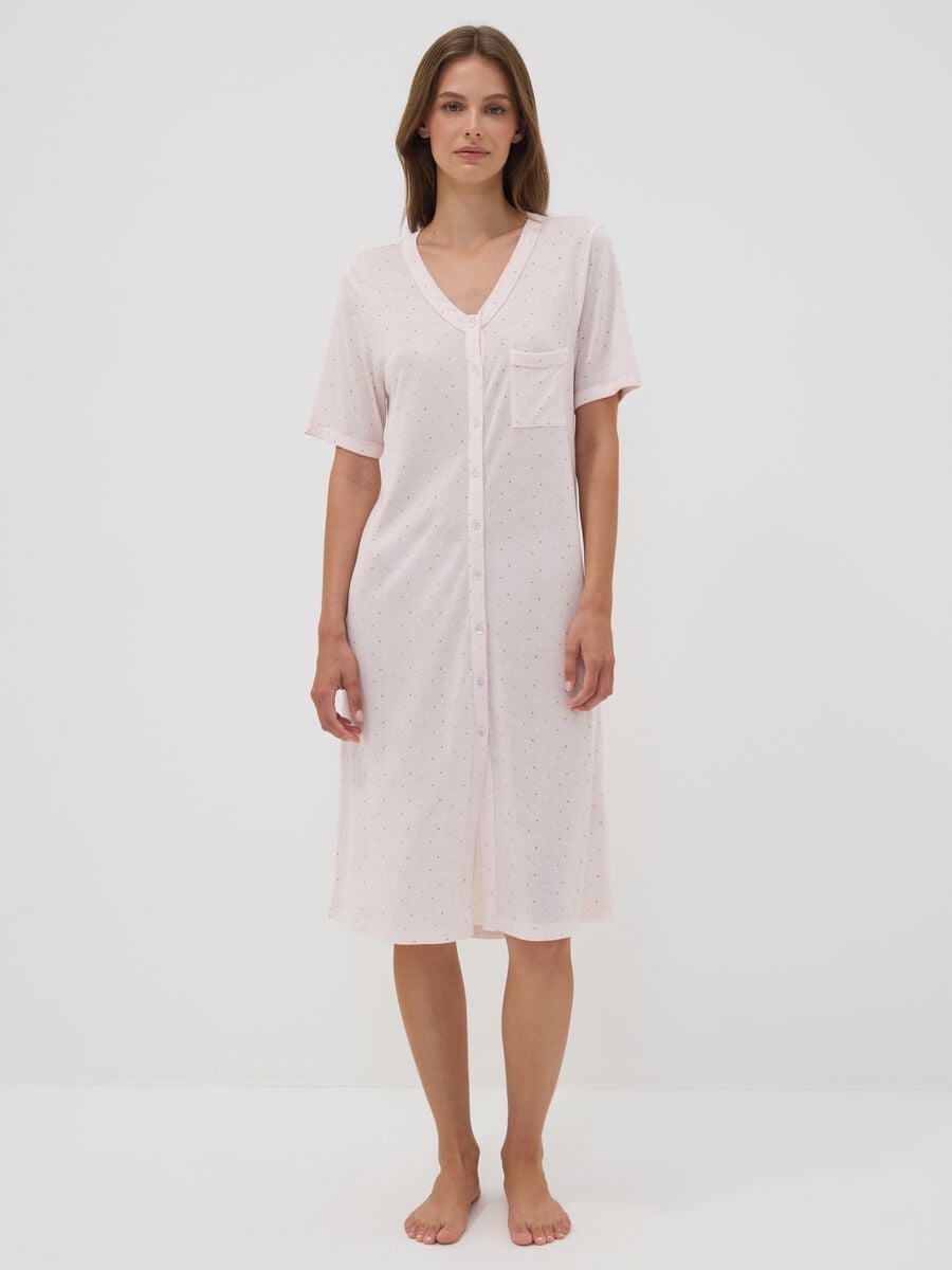 Pink polka-dot pure viscose nightshirt with V-neck_0
