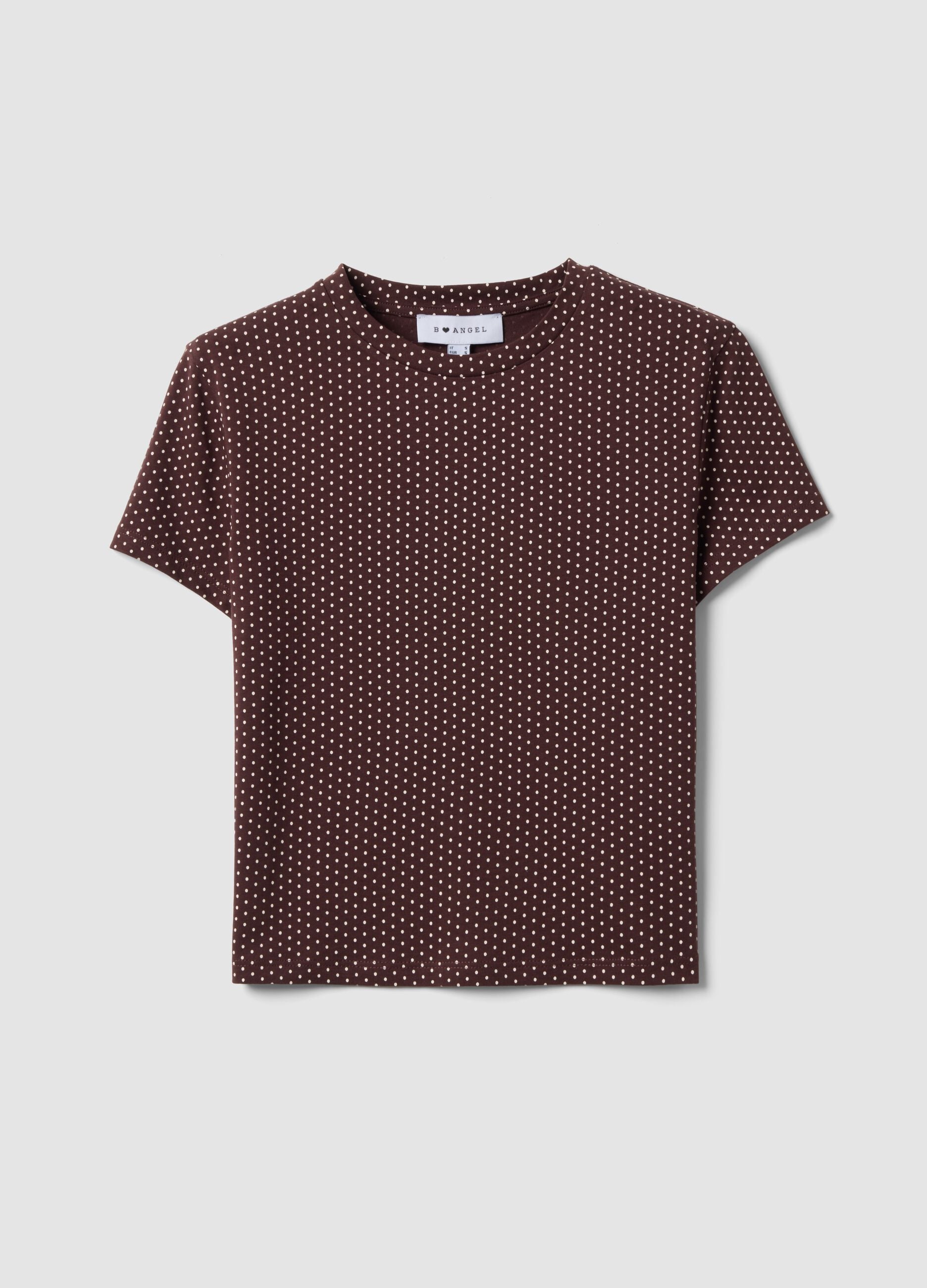 Brown pure cotton polka-dot cropped T-shirt, regular fit