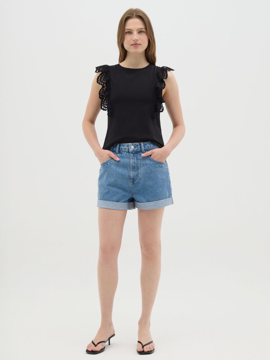 Women's black pure cotton top with lace, regular fit_1
