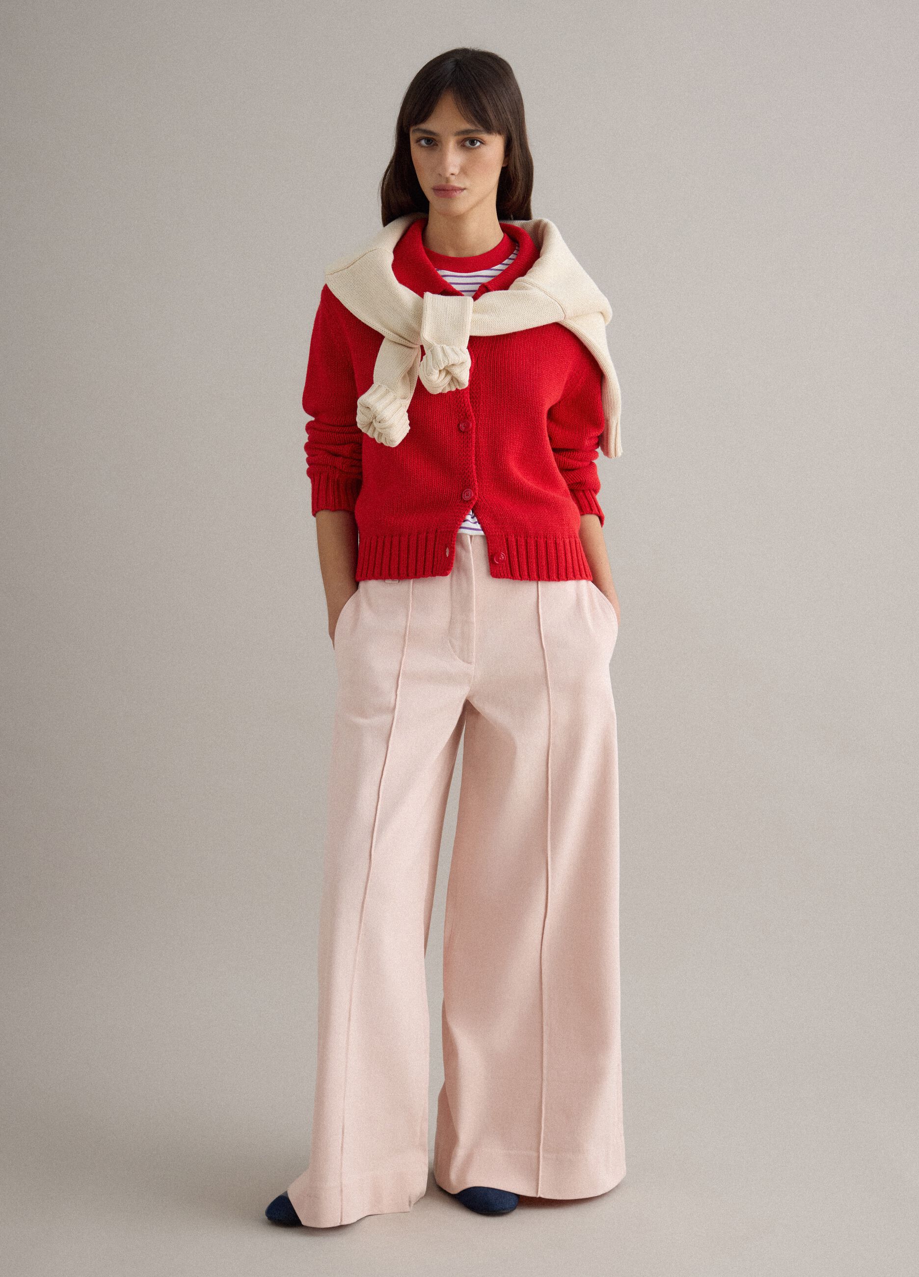 Regular Fit Red Cotton Cardigan with Polo Collar