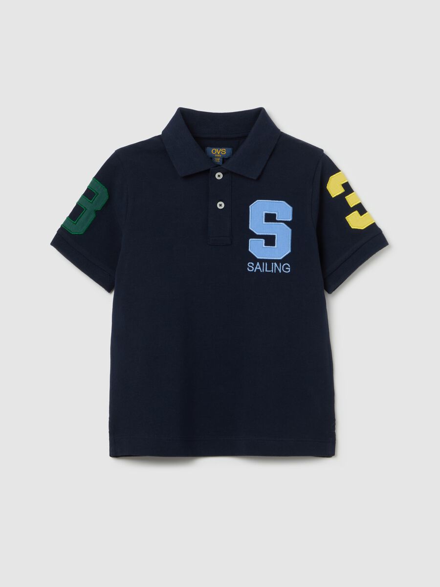 Cotton polo shirt with patch and "Yacht Club" embroidery_0