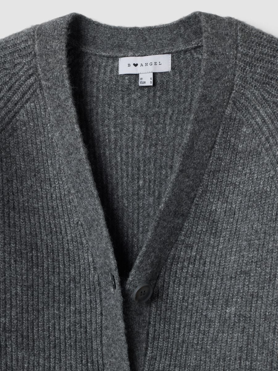 Grey stretch-wool cardigan with deep V-neck, oversized fit_5