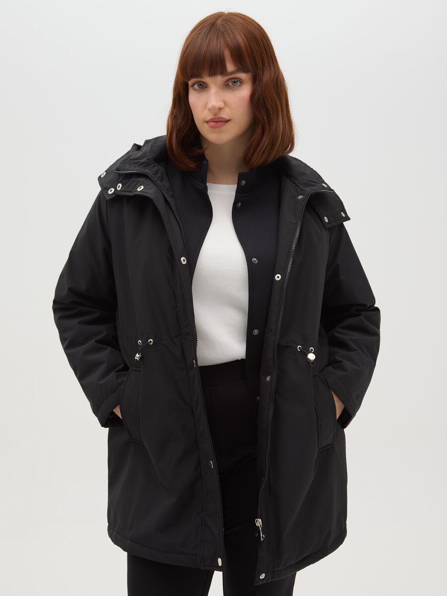 Black padded long jacket, regular fit with hood and zip_0