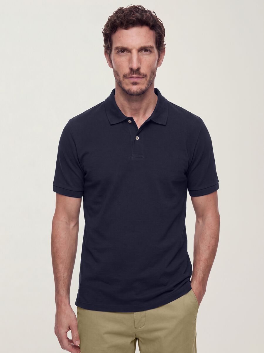 Polo blu in puro cotone piquet con colletto classico regular fit_0