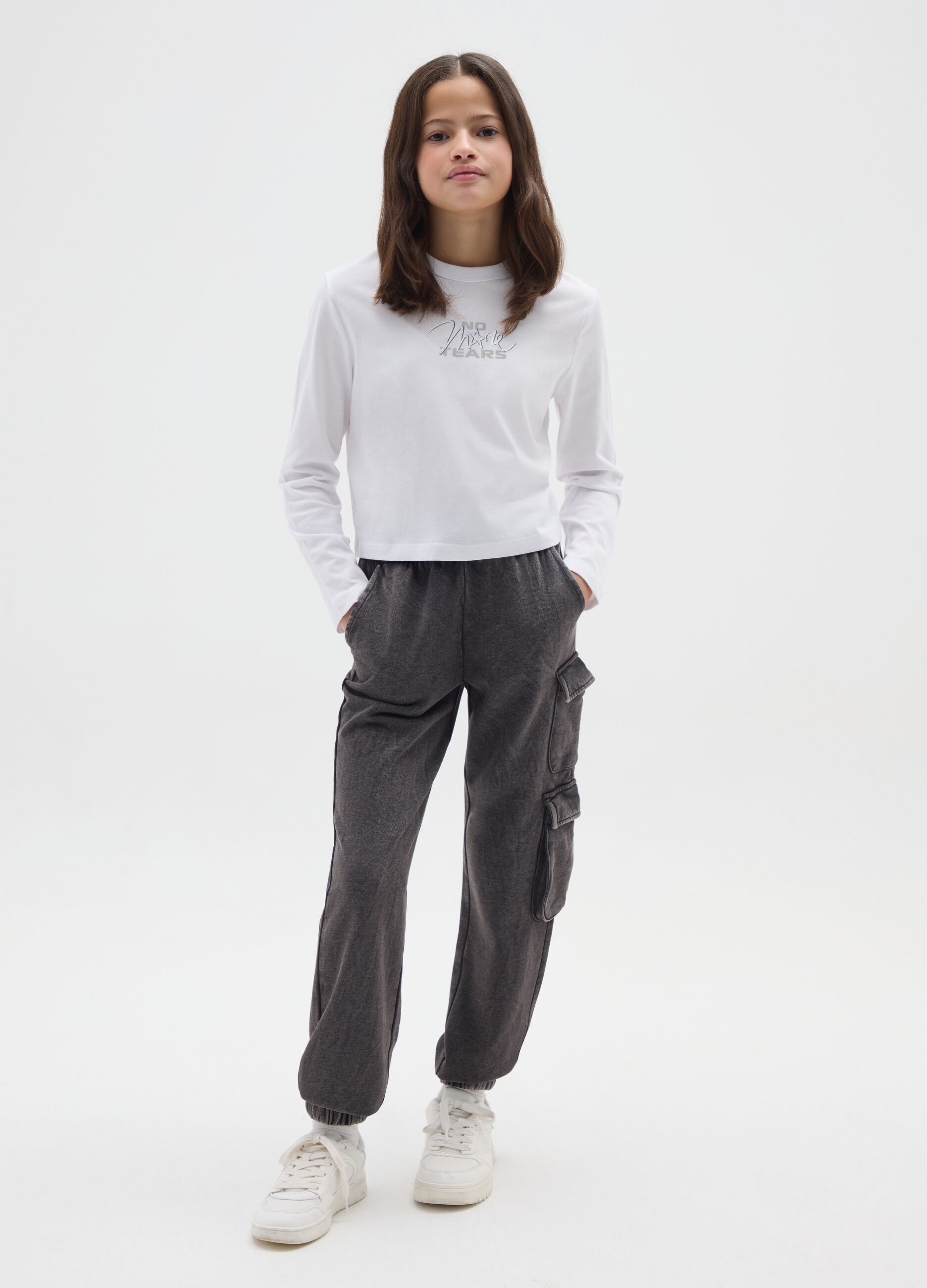 Girls' Regular Fit Grey Cotton Blend Cargo Jogger Trousers