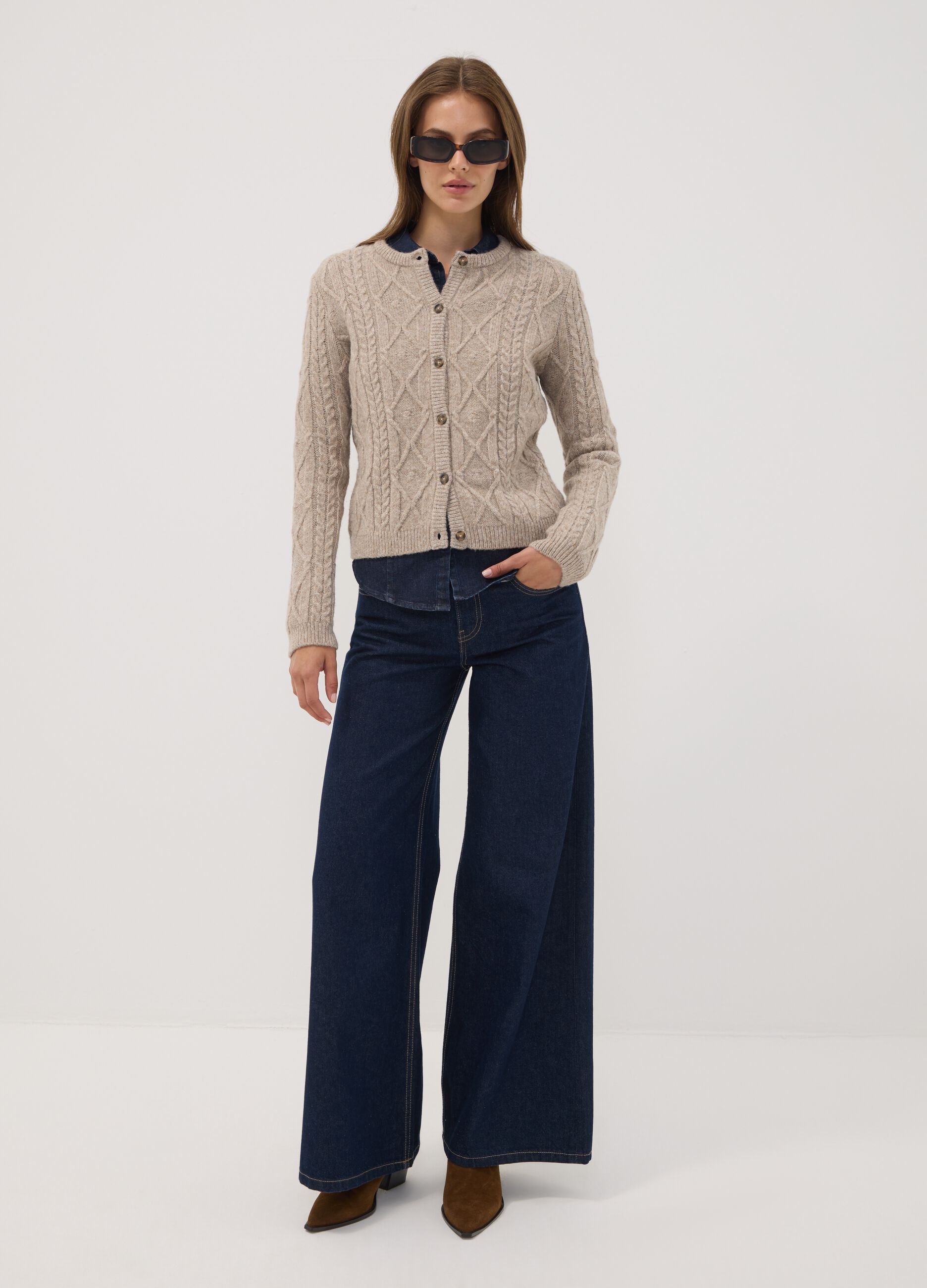 Beige cable-knit wool-blend cardigan