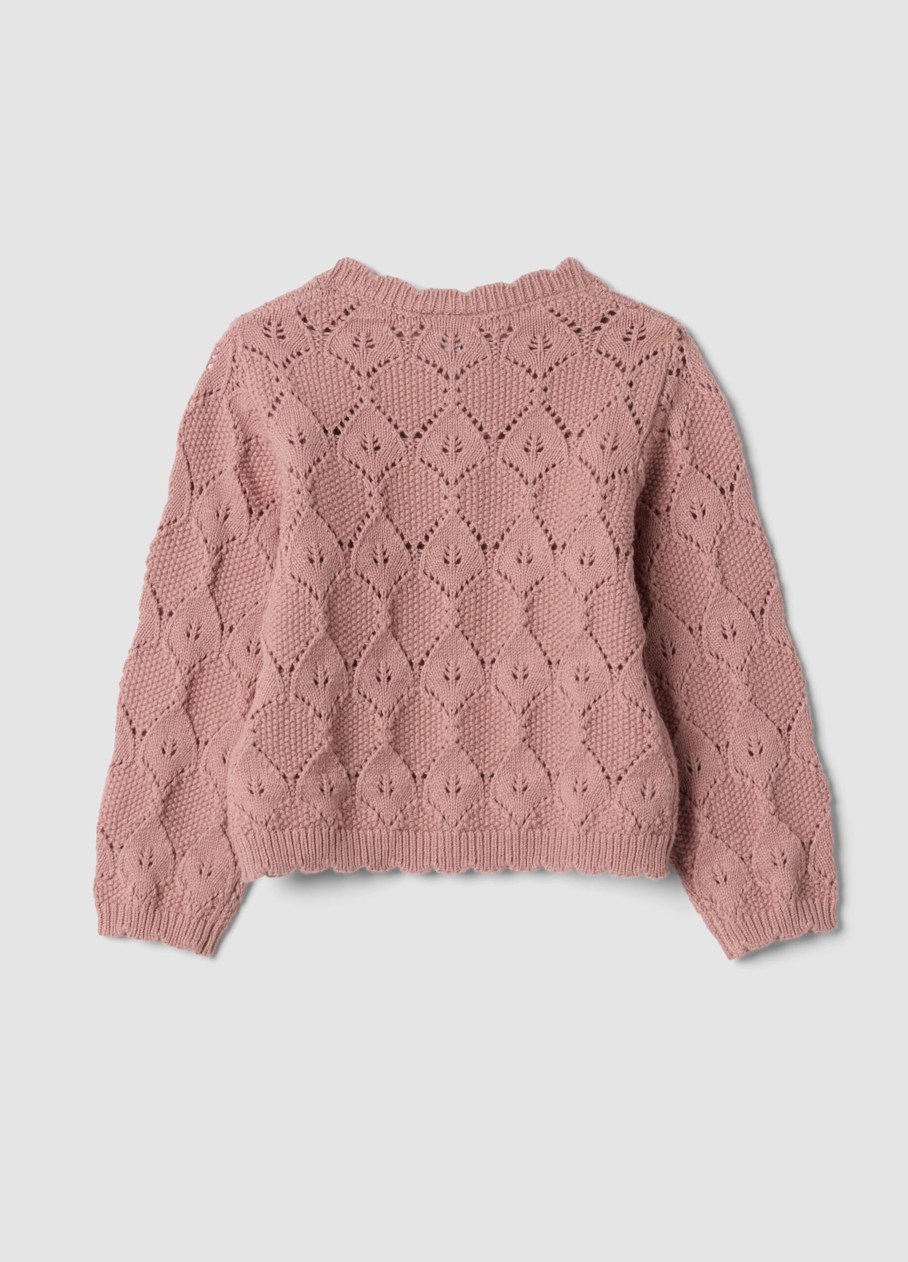 Pink cotton-blend cardigan with openwork round neck