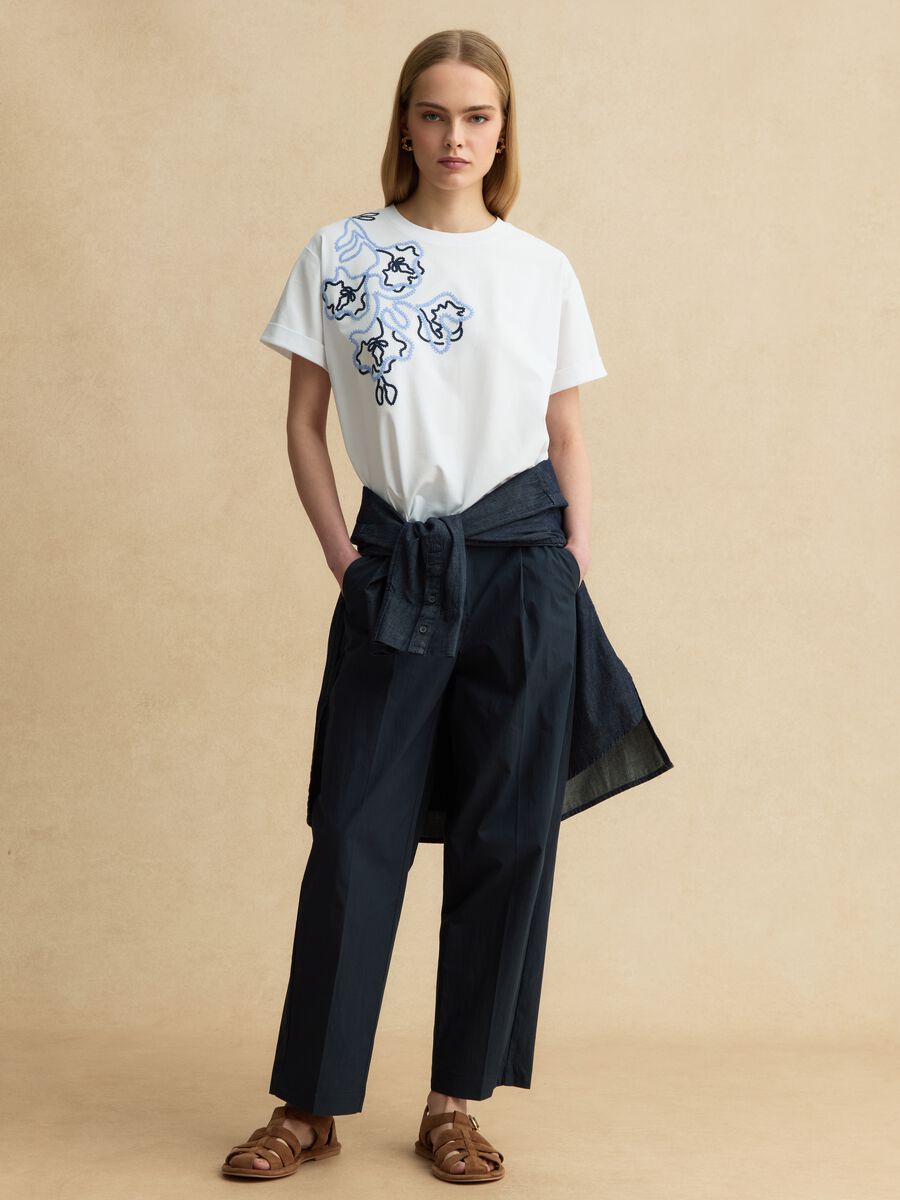 T-shirt in misto cotone bianca regular fit con ricamo floreale_2
