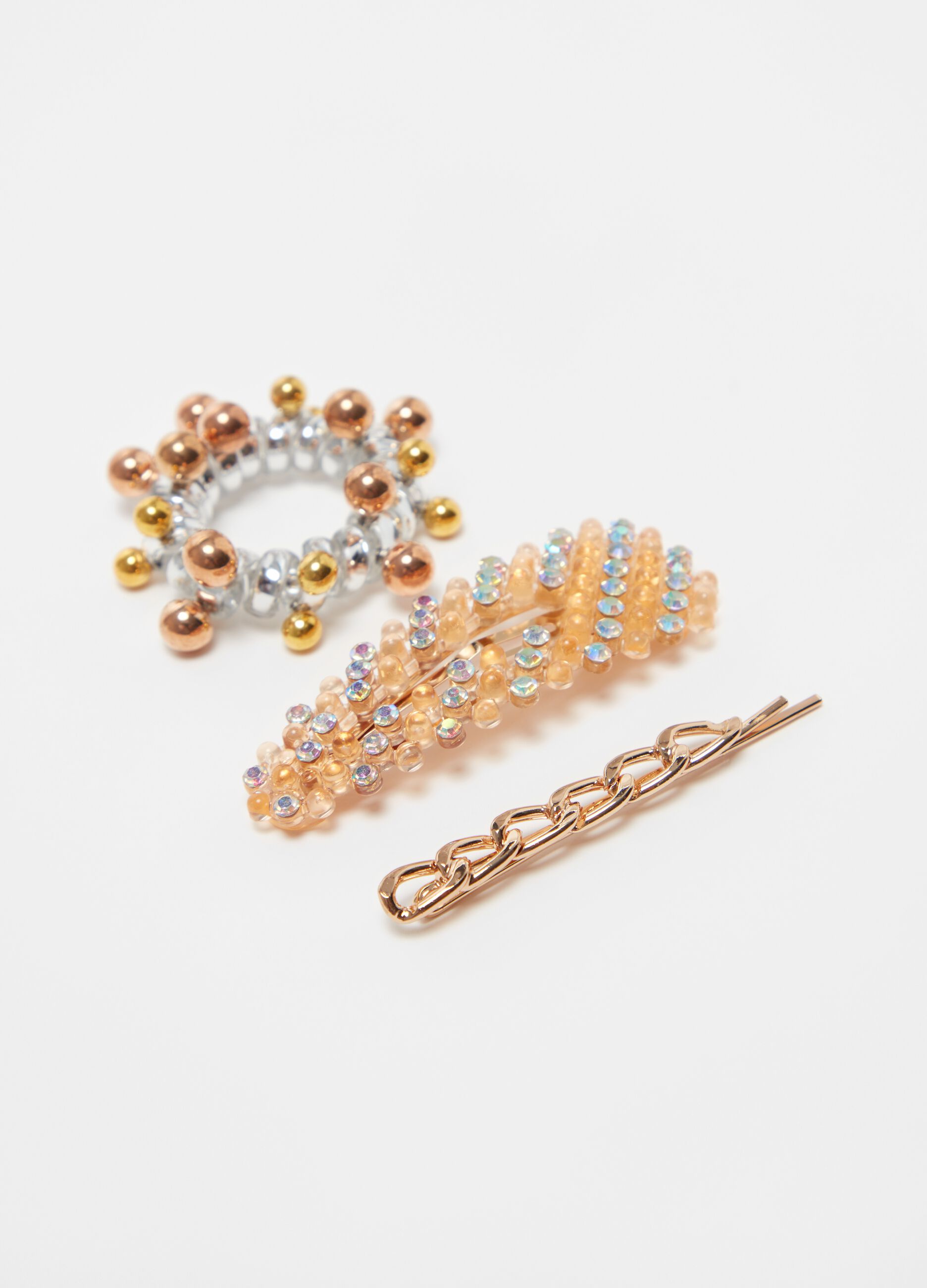 Hairpin, clip and hair elastic set with diamantés